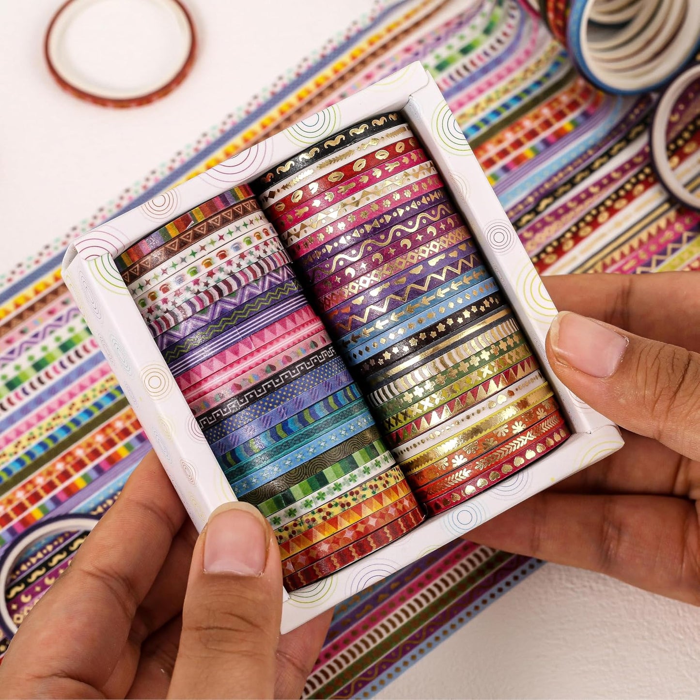 emmoolife 50 Rolls Skinny Washi Tape Set 3mm Wide, Gold Foil Print Masking Thin Basic Patterns Decorative Tapes for Scrapbooking, Junk Journal Supplies, Bullet Journaling, Craft Tape for Women Girl