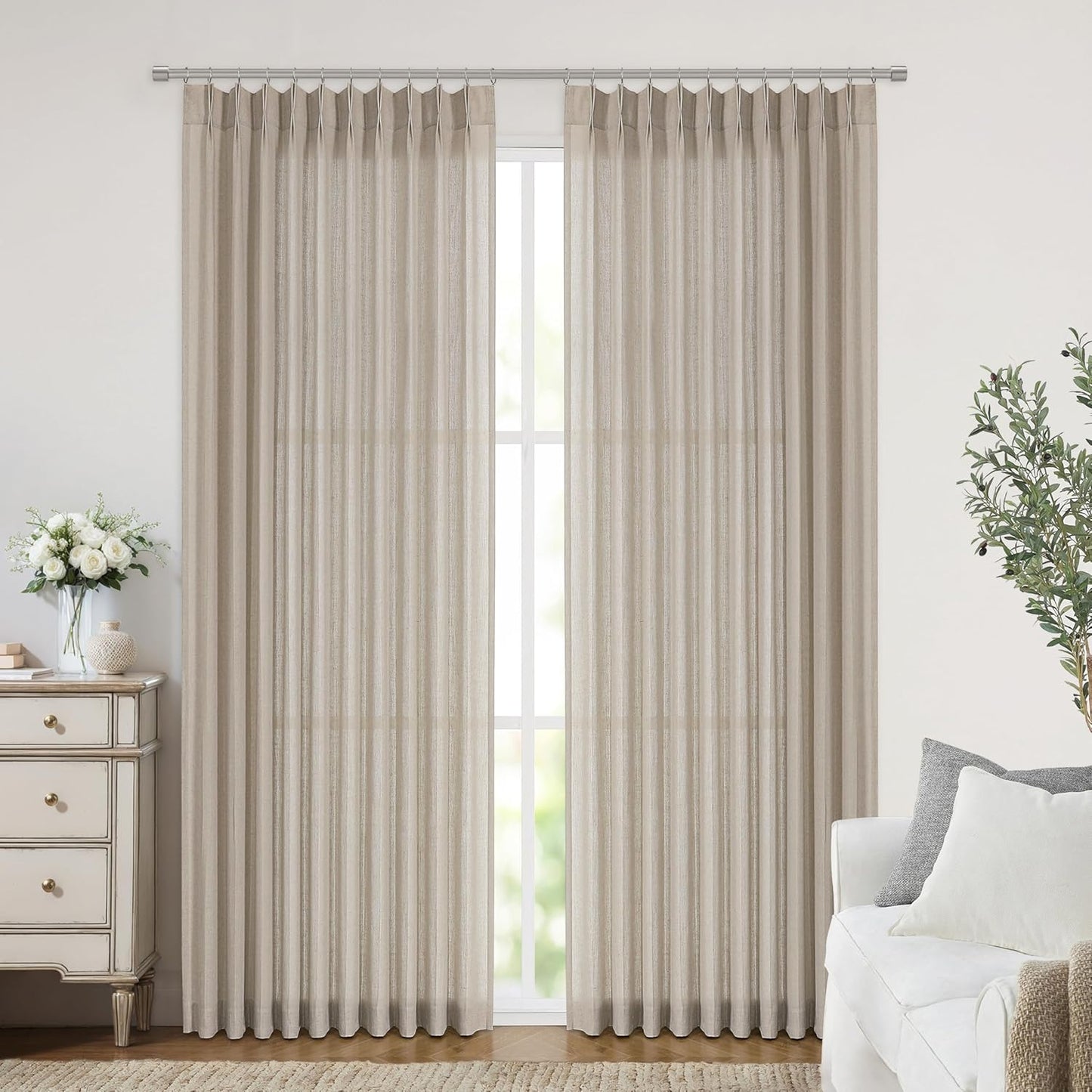 Vision Home Sand Pinch Pleated Semi Sheer Curtains Textured Linen Blended Light Filtering Window Curtains 84 inch for Living Room Bedroom Patio Pinch Pleat Drapes with Hooks 1 Panel 60" Wx84 L