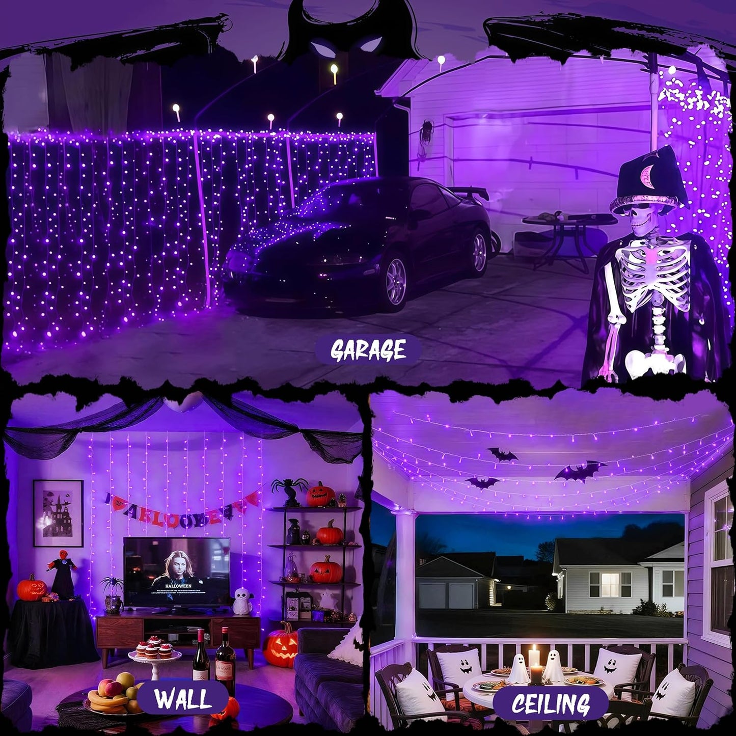 JMEXSUSS 300LED Purple Halloween Lights with Remote, Curtain Hanging Light Plug in, 8 Modes Purple String Lights for Bedroom Window Wall Party Backdrop Christmas Halloween Decorations