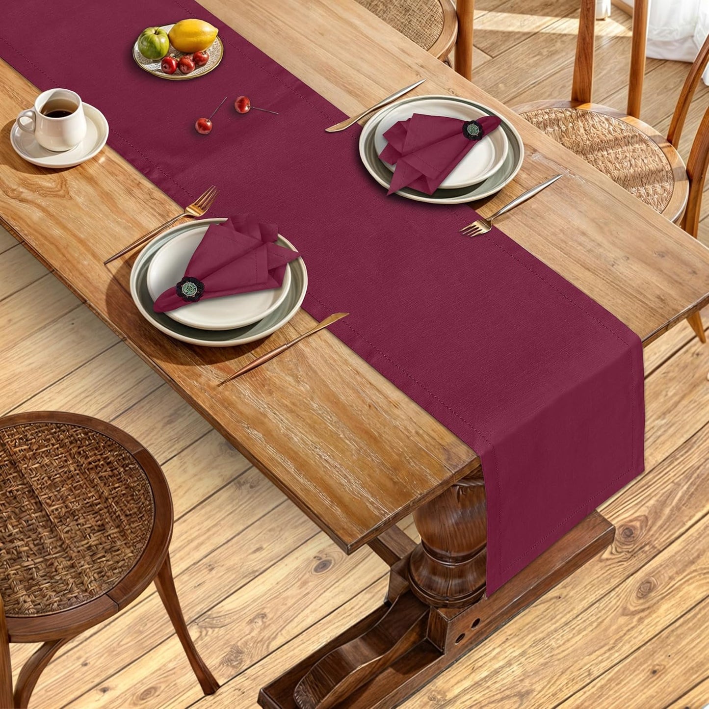 Ruvanti Linen Table Runner 72 Inches, Classic Hemstitch, Washable, Reusable, Non-Slipping, Stain Resistant- Perfect for Parties, Weddings, Dinners, Thanksgiving, Christmas, Indoor use – Burgundy