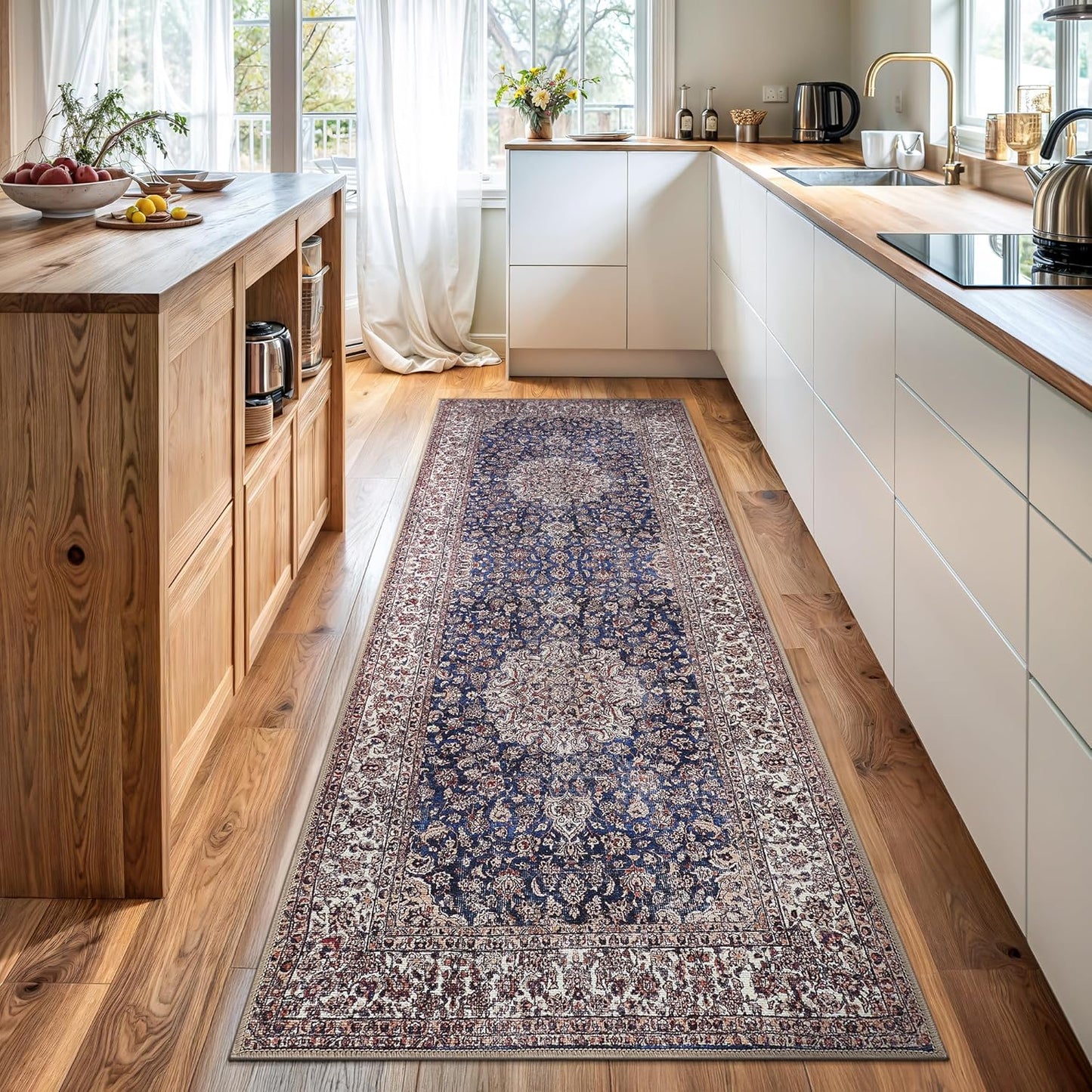 Bloom Rugs Washable Non-Slip 12 ft Runner - Dark Blue/Beige Traditional Medallion Runner for Entryway, Hallway, Bathroom, and Kitchen - Exact Size: 2.5' x 12'
