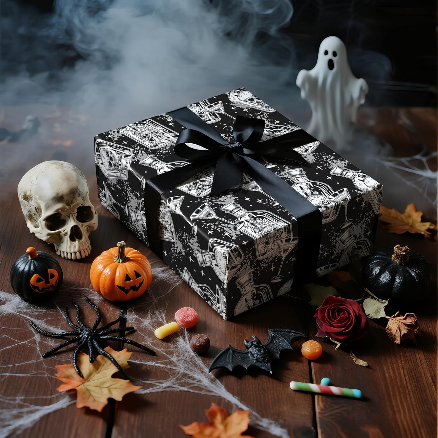 LeZakaa Halloween Wrapping Paper Roll, Gothic Skull-in-Bottle and Eye Cocktail Glass in Black, Spooky Gift Wrap for Horror Lovers, Goth Style Party, Trick or Treat, Mini Roll 17 In x 16.4 Feet