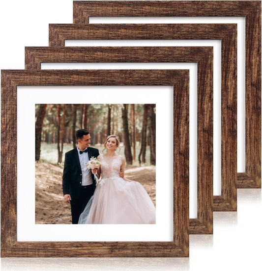 10x10 Picture Frame Set of 4 with Real Glass, Rustic Frames Display 8x8 Picture with Mat or 10 x 10 Without Mat, Wooden Square Photo Frame for Wall Mount and Tabletop Display