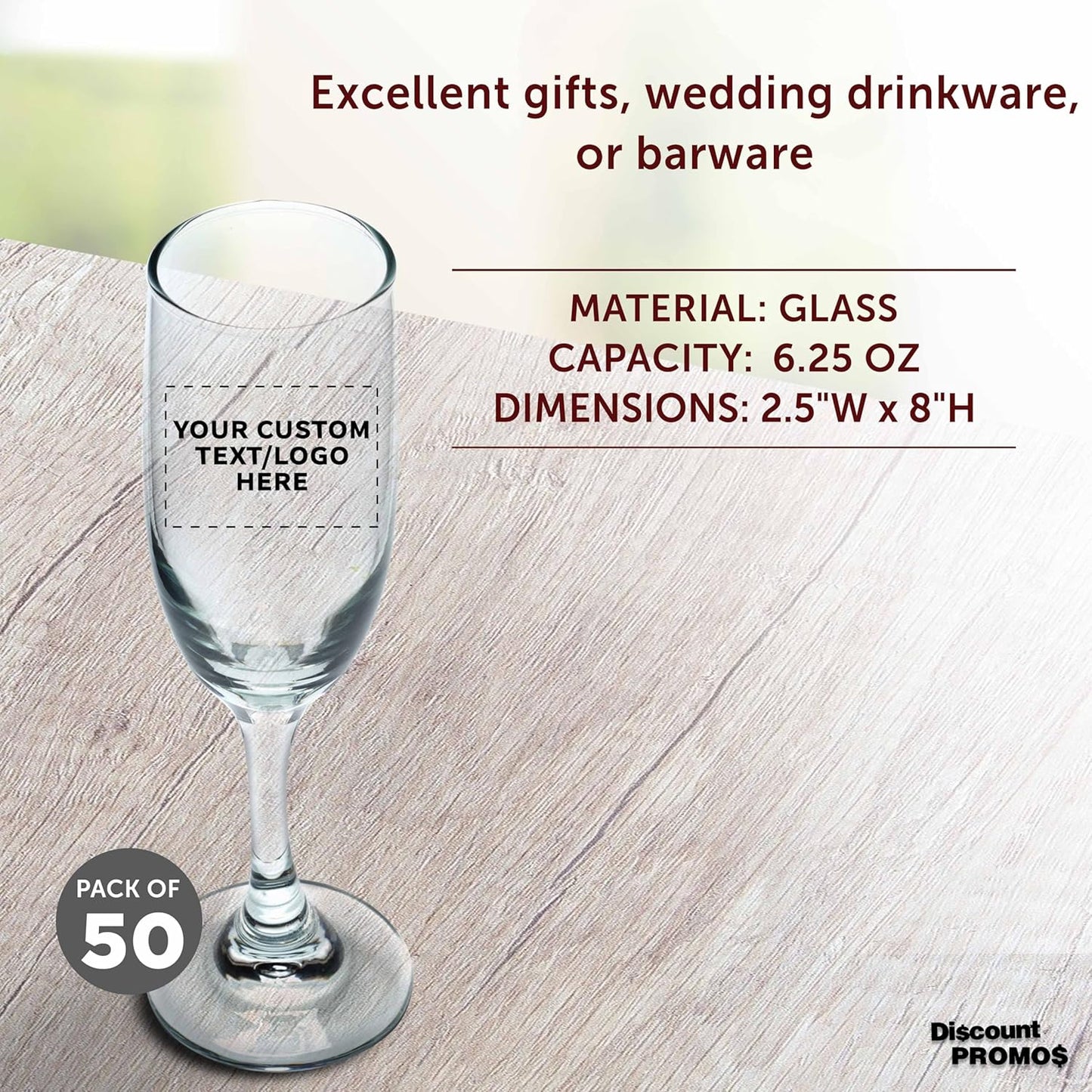 DISCOUNT PROMOS Custom Premiere Champagne Flutes 6.25 oz. Set of 50, Personalized Bulk Pack - Elegant Drinkware for Weddings, Events, & Promotional Gifts - Clear