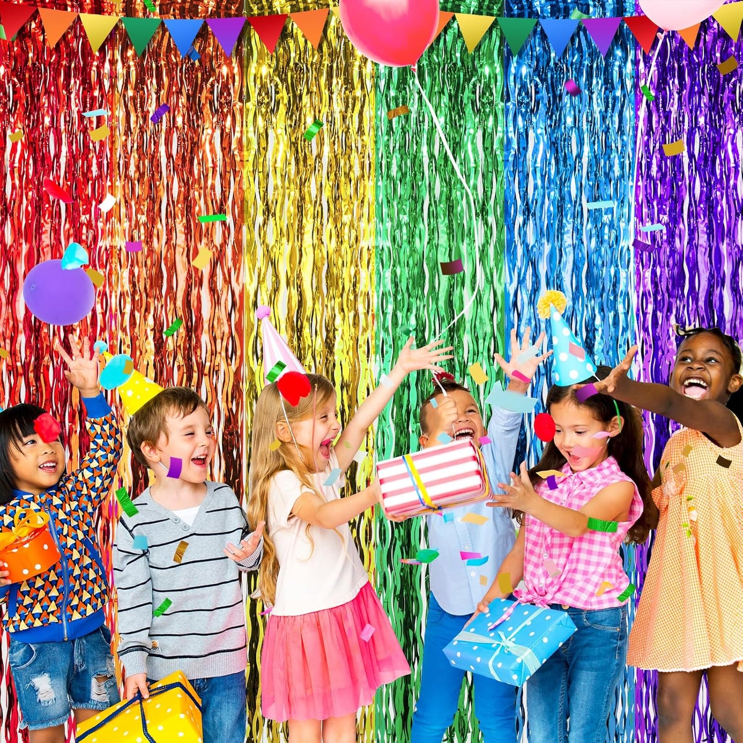 2 Pack 3.3X6.6Ft Rainbow Wavy Foil Fringe Curtains Backdrop Decorations, Rainbow Metallic Tinsel Foil Streamers Photo Booth Background for Birthday Wedding Engagement Bridal Shower Party Decorations