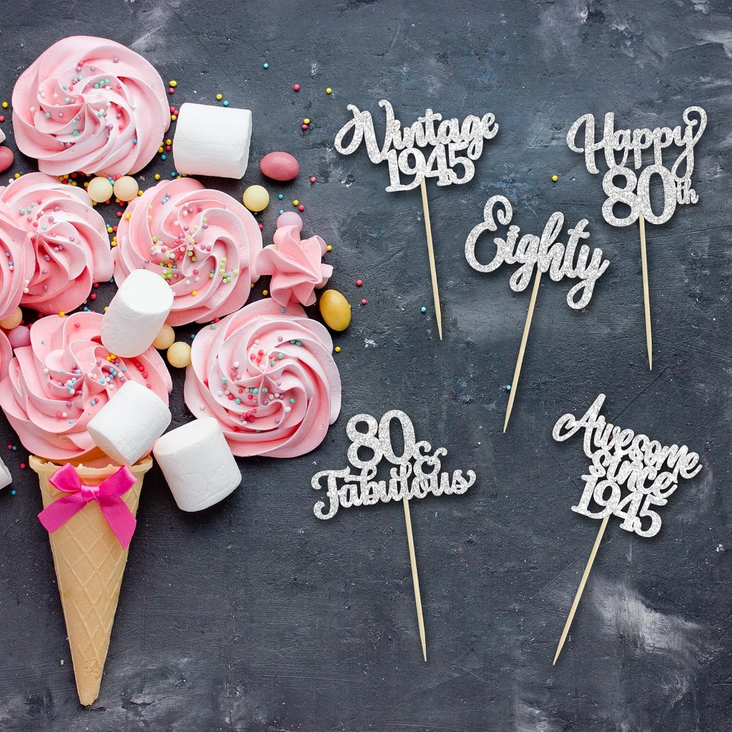 30Pcs Happy 80th Birthday Cupcake Toppers Glitter Awesome Since 1945 Eighty 80 Fabulous Vintage 1945 Cupcake Picks for 80th Birthday Anniversary Retirement Party Cake Decorations Supplies Silver