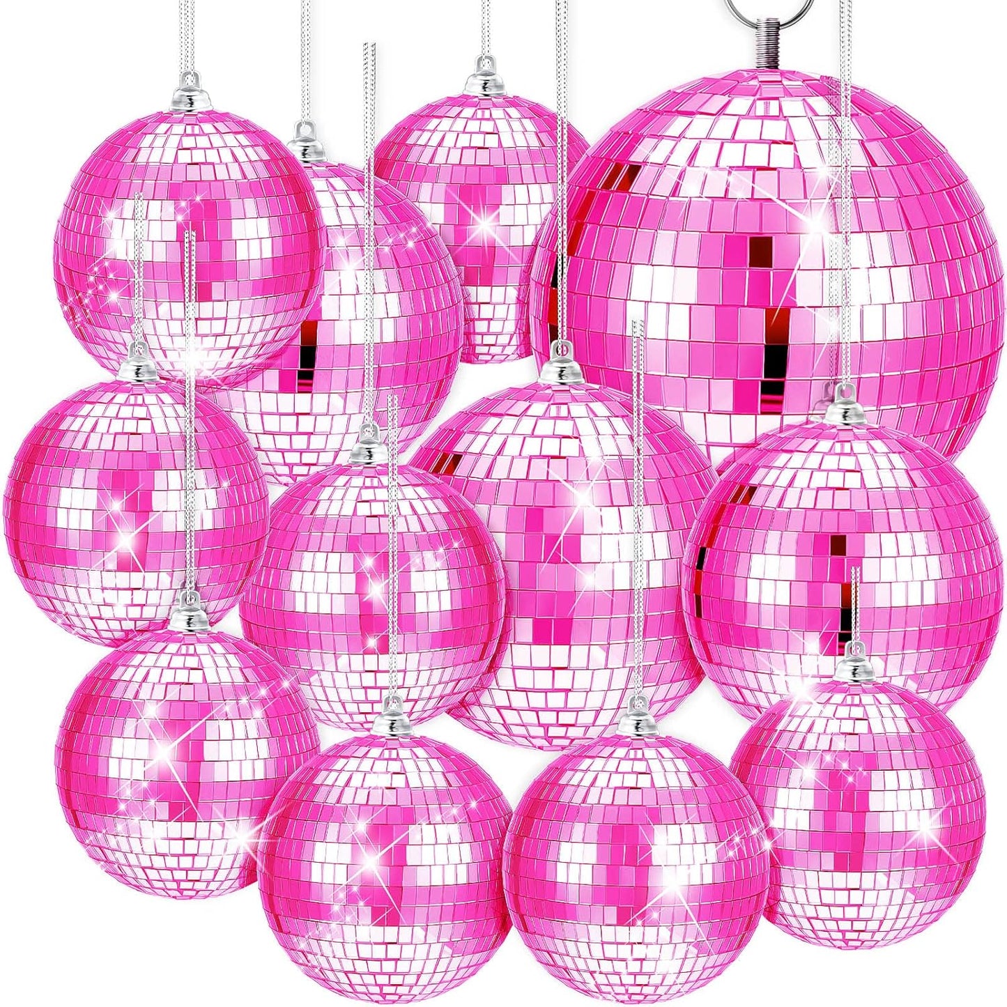 WILLBOND 12 Pack Disco Ball Mirror Ball with Hanging Ring for Fun Retro Disco Party Decorations Party Dj Lighting Effect Stage Props Game Accessories, 5.91", 3.94", 3.15", 2.36"(Pink)