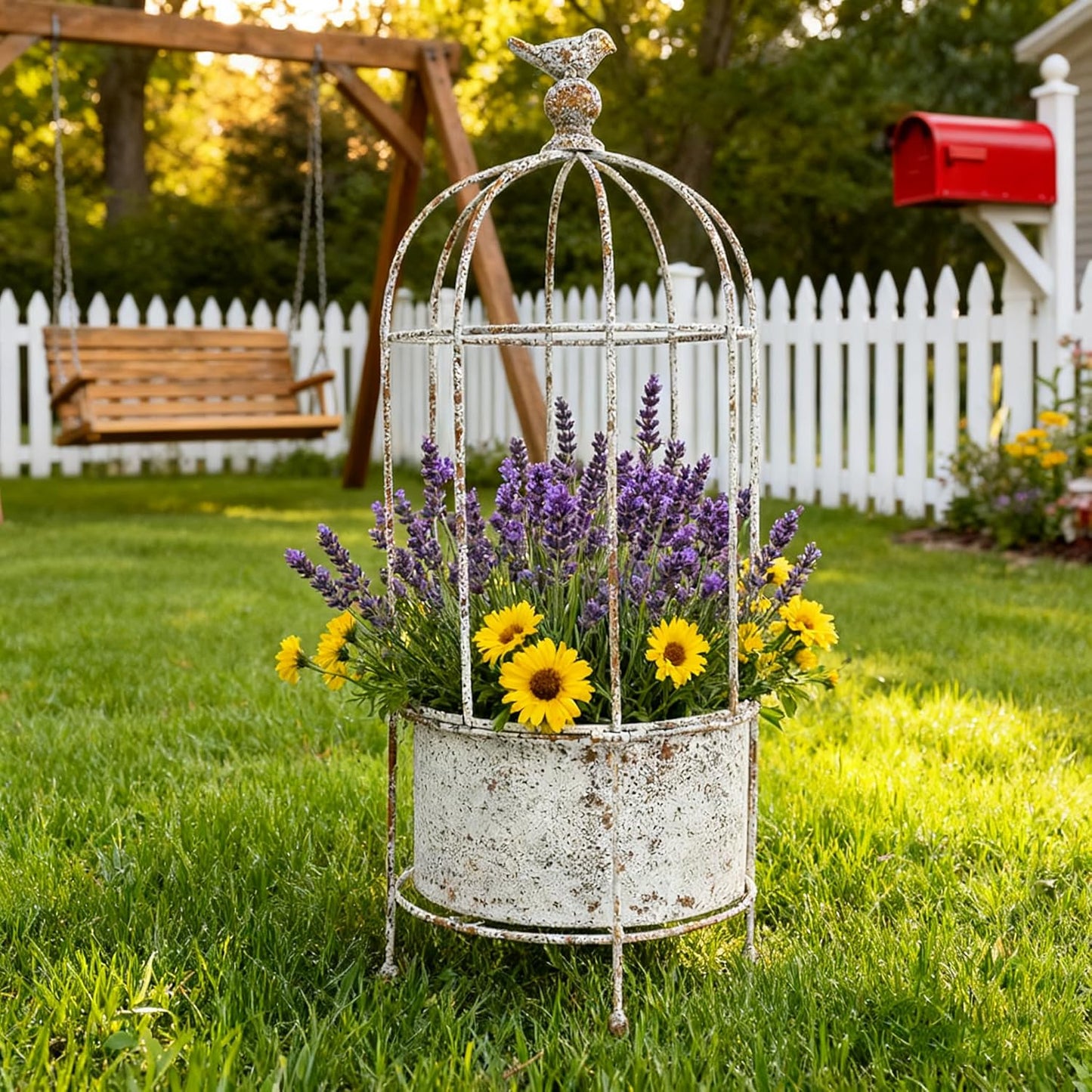Vintage Rustic Birdcage Planter Stand, Farmhouse Distressed Decorative Metal Round Plants Holder, Outdoor Garden Flower Pot for Climbing Plants, Home Patio Yard Balconies Decor