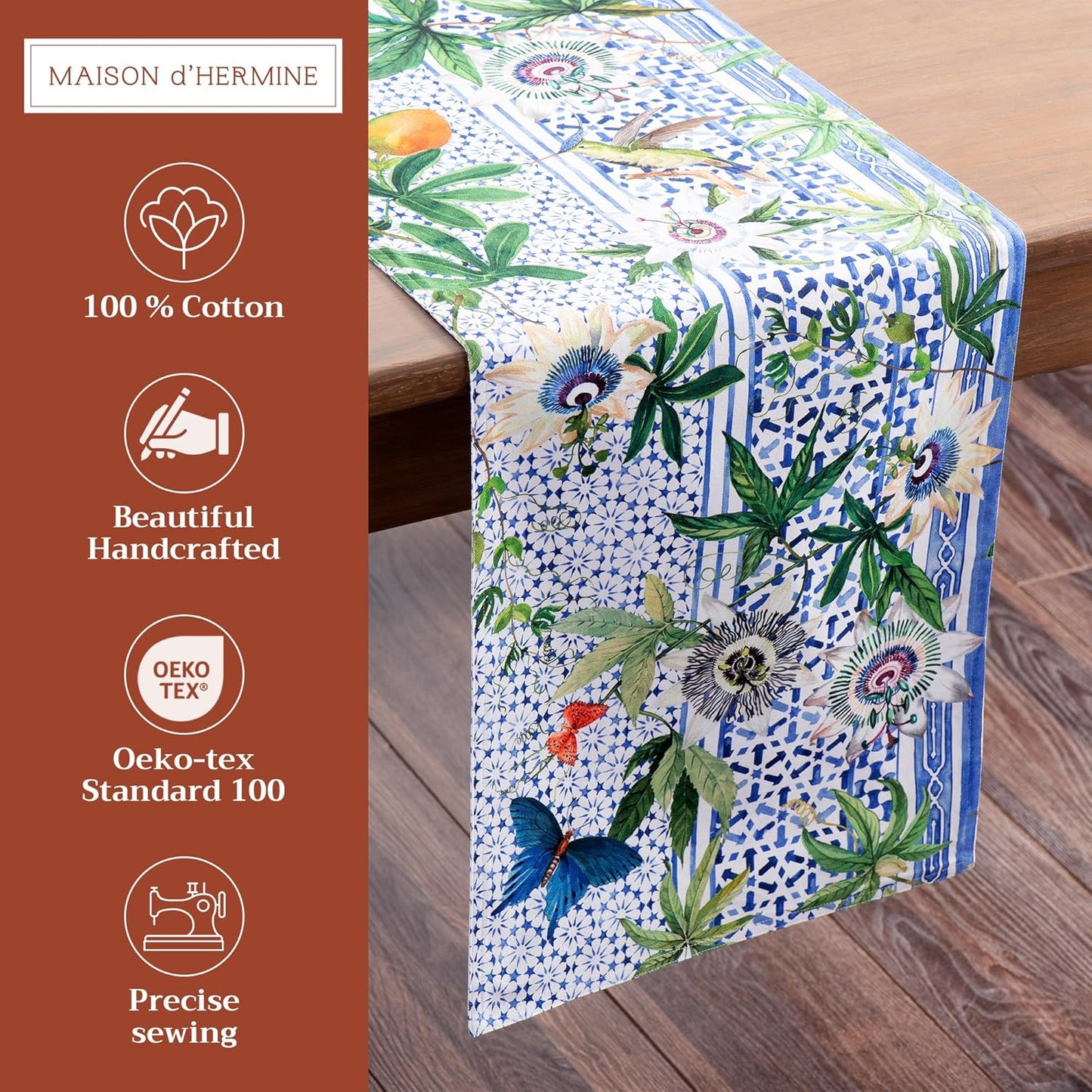 Maison d' Hermine Table runner 100% Cotton Double Layer Table Runners 72 inches long Decorative for Home Kitchen Dining Party Baby Shower Wedding Bridal Shower Spring Summer (Passiflora, 14.50" x 72")