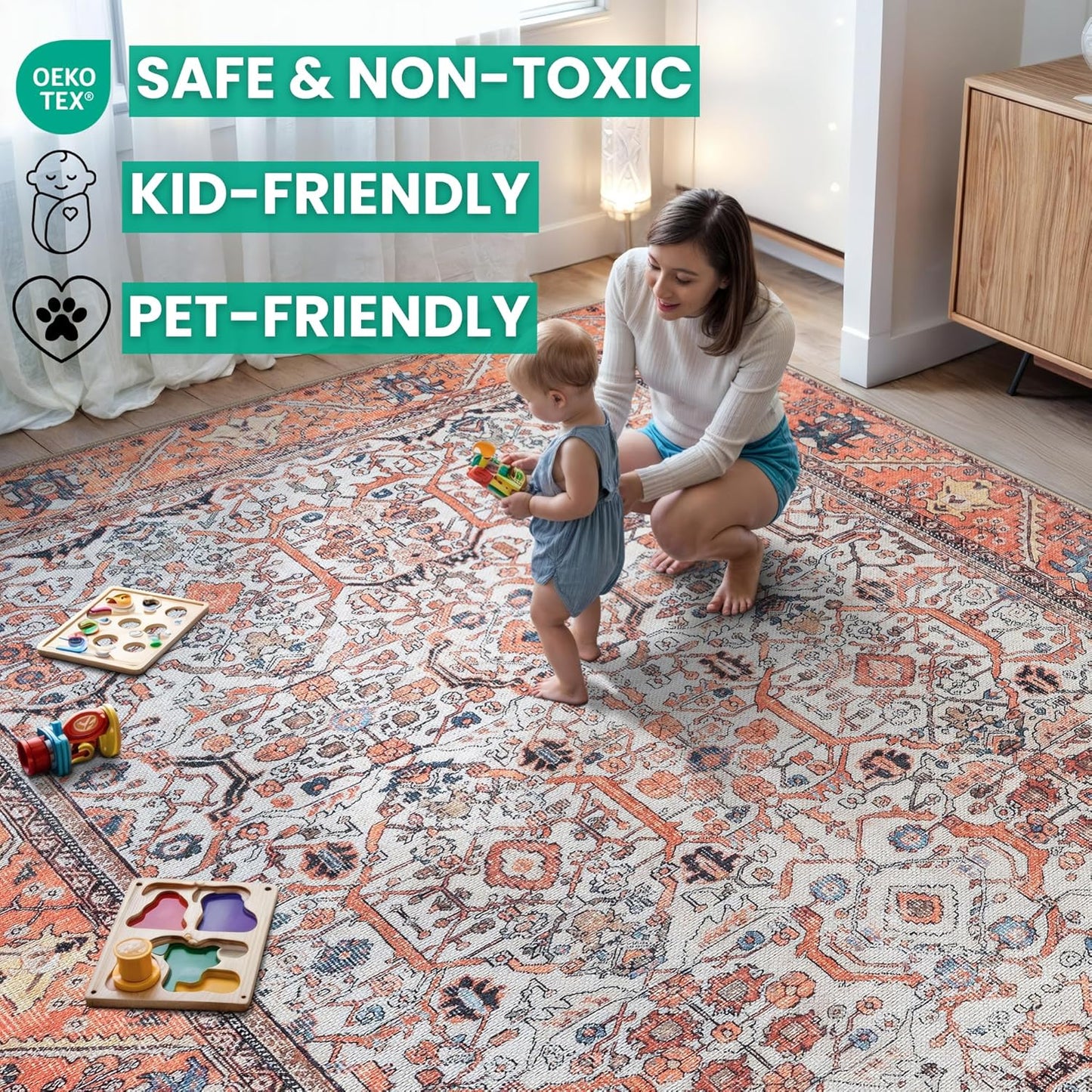 Bloom Rugs Washable Non-Slip 3' x 5' Rug - Orange Traditional Bordered Area Rug for Living Room, Bedroom, Dining Room, and Kitchen - Exact Size: 3' x 5'