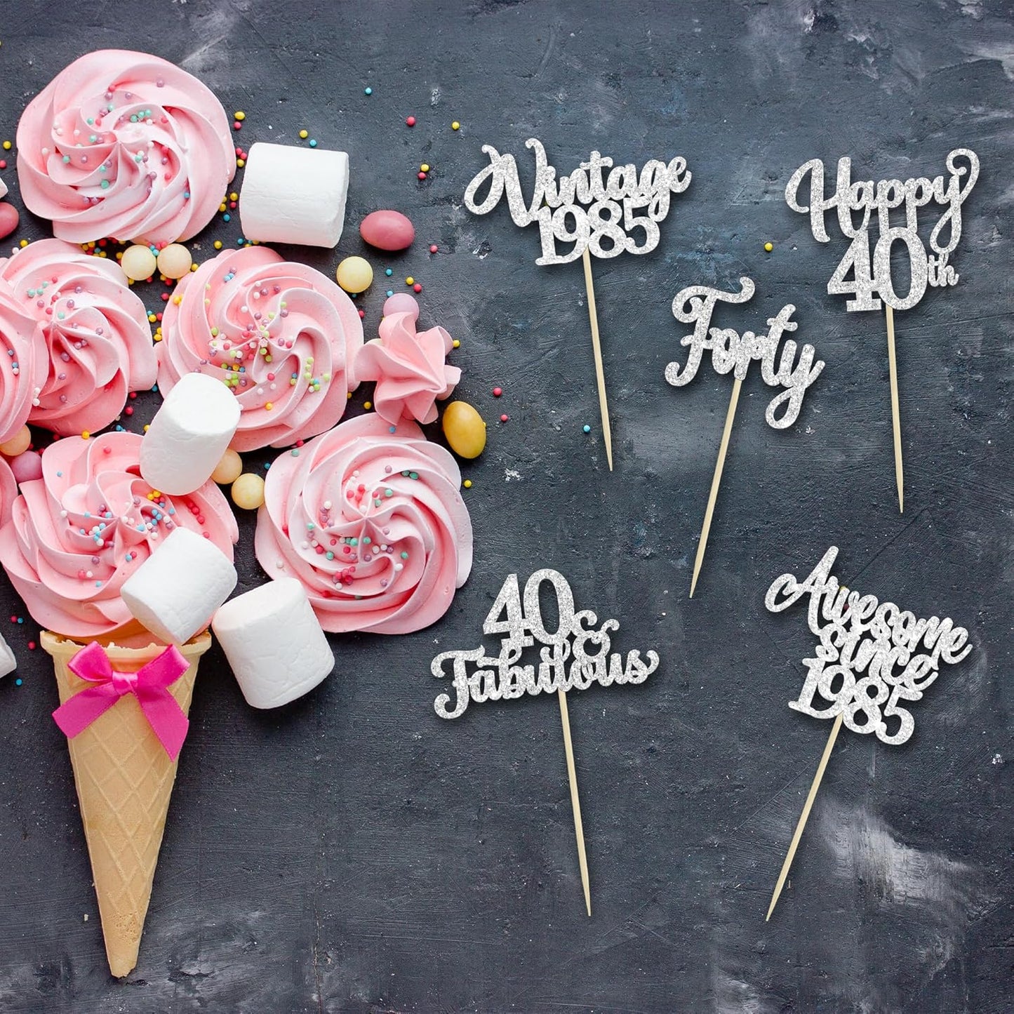 30Pcs Happy 40th Birthday Cupcake Toppers Glitter Forty Vintage 1985 Cupcake Picks Cheers to 40 Fabulous Cake Decorations for 40th Birthday Wedding Anniversary Party Supplies Silver