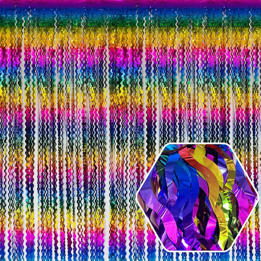 4 Pack Rainbow Wave Foil Fringe Curtain Backdrop, 3.28Ft x 8.2Ft Metallic Tinsel Foil Fringe Streamer Curtains for Photo Booth, Mother's Day, Easter, Birthday, Wedding Party Decoration