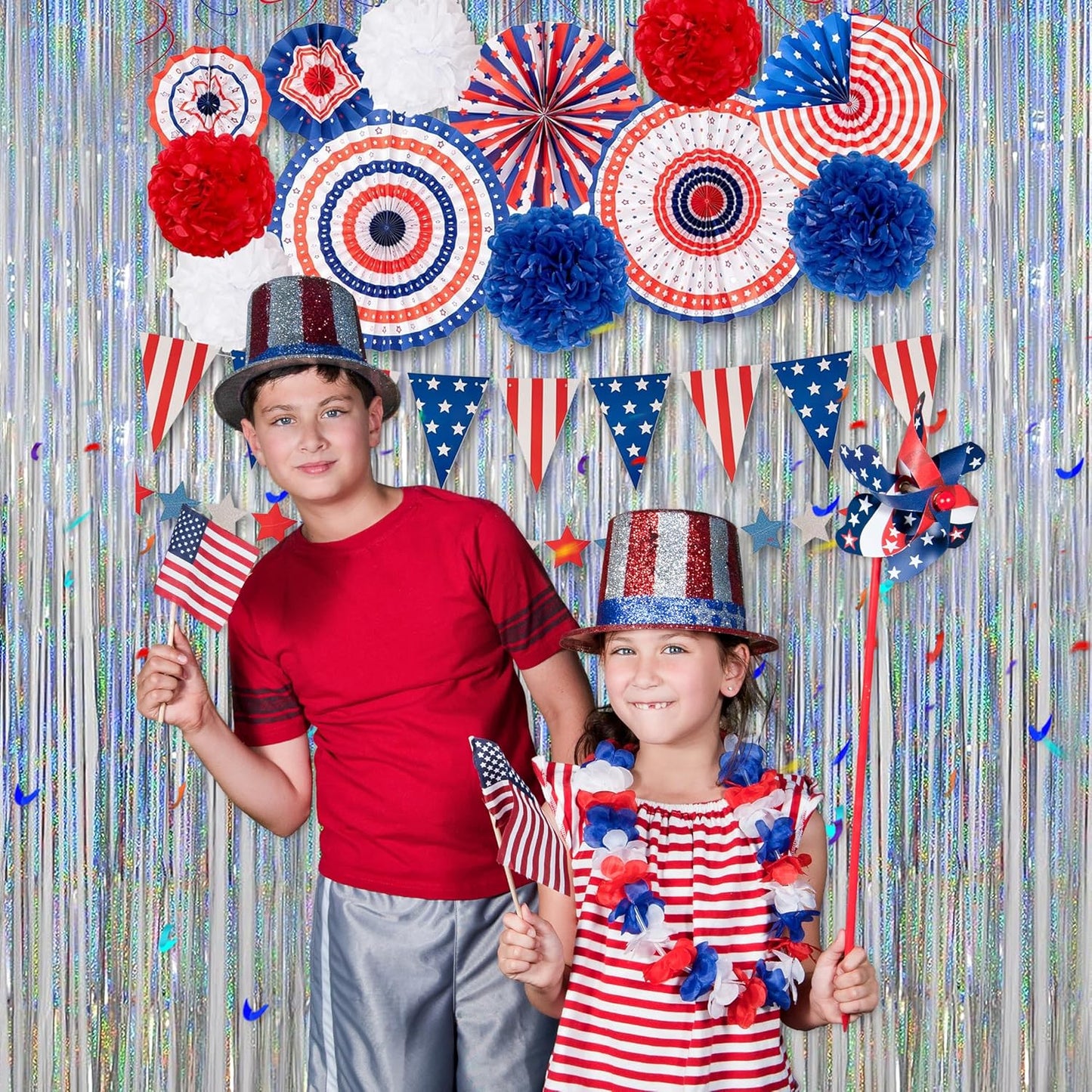 Melsan Foil Curtain, 2 Pack 3.2 ft x 8.2 ft Silver Tinsel Foil Fringe Curtains Backdrop, Sparkle Metallic Foil Curtains for Independence Disco Bachelorette Party Decorations, Silver Tinsel Backdrop