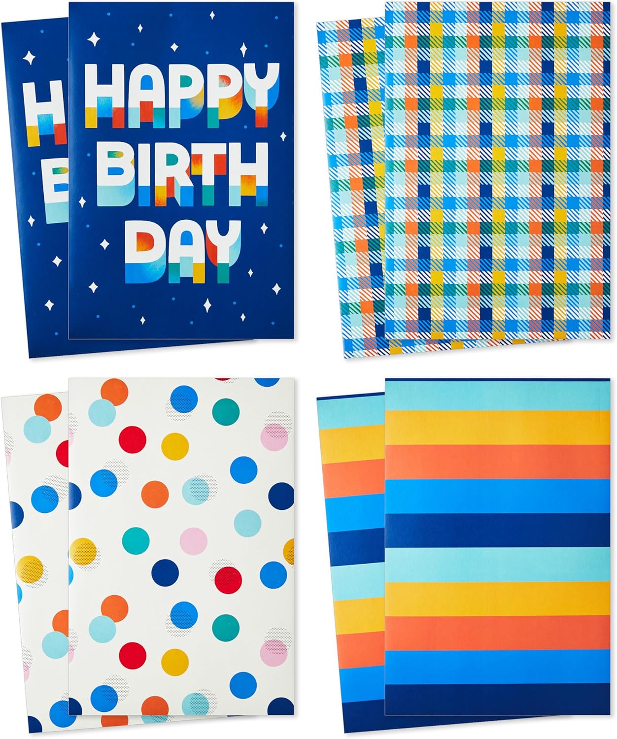 Hallmark Designed Shirt Boxes with Lids (8 Boxes: 2 Each of Orange and Blue Stripes, Plaid, Dots, Happy Birthday) for Birthdays, Father's Day, Graduations