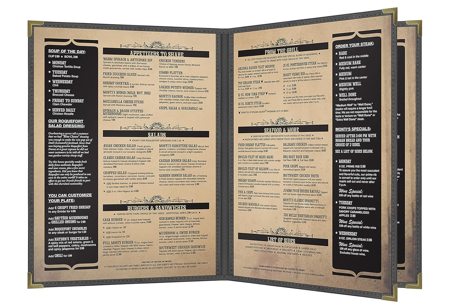 Goodsmart Pajco Style Restaurant Menu Covers – Pack of 10, Side-Loading Booklet Menu Holders, Single Stitched Edge, Clear Vinyl Menu Sleeves, Leatherette Trim, Gold Corners, Black, 4 View (8.5" x 11")