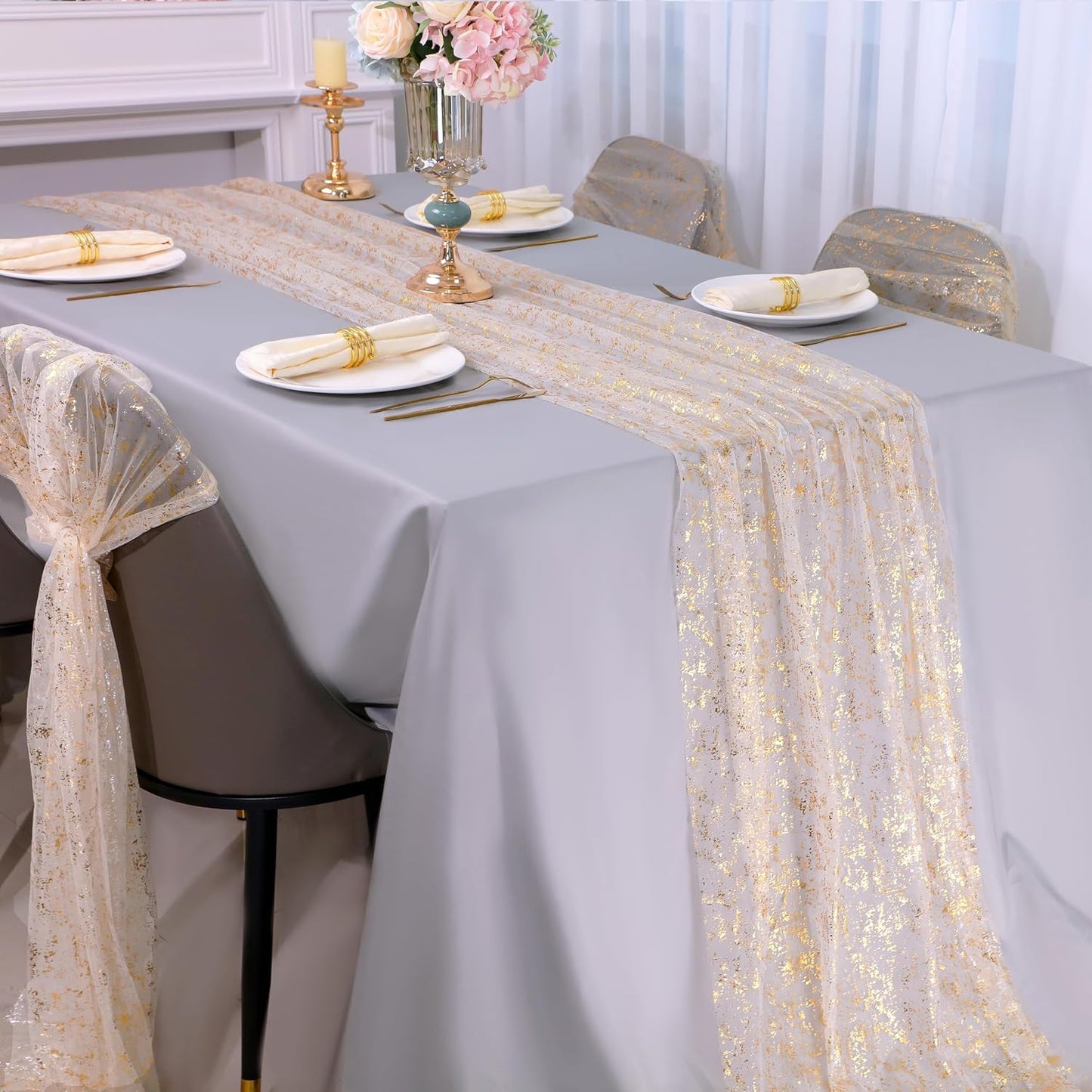 Snowkingdom 6Pcs 10 Ft Gold Table Runners, Sheer Chiffon Tulle Cheesecloth Golden Sequin Glitter Metallic Foil, Gold Party Table Decoration Centerpiece for Wedding Birthday Anniversary Christmas