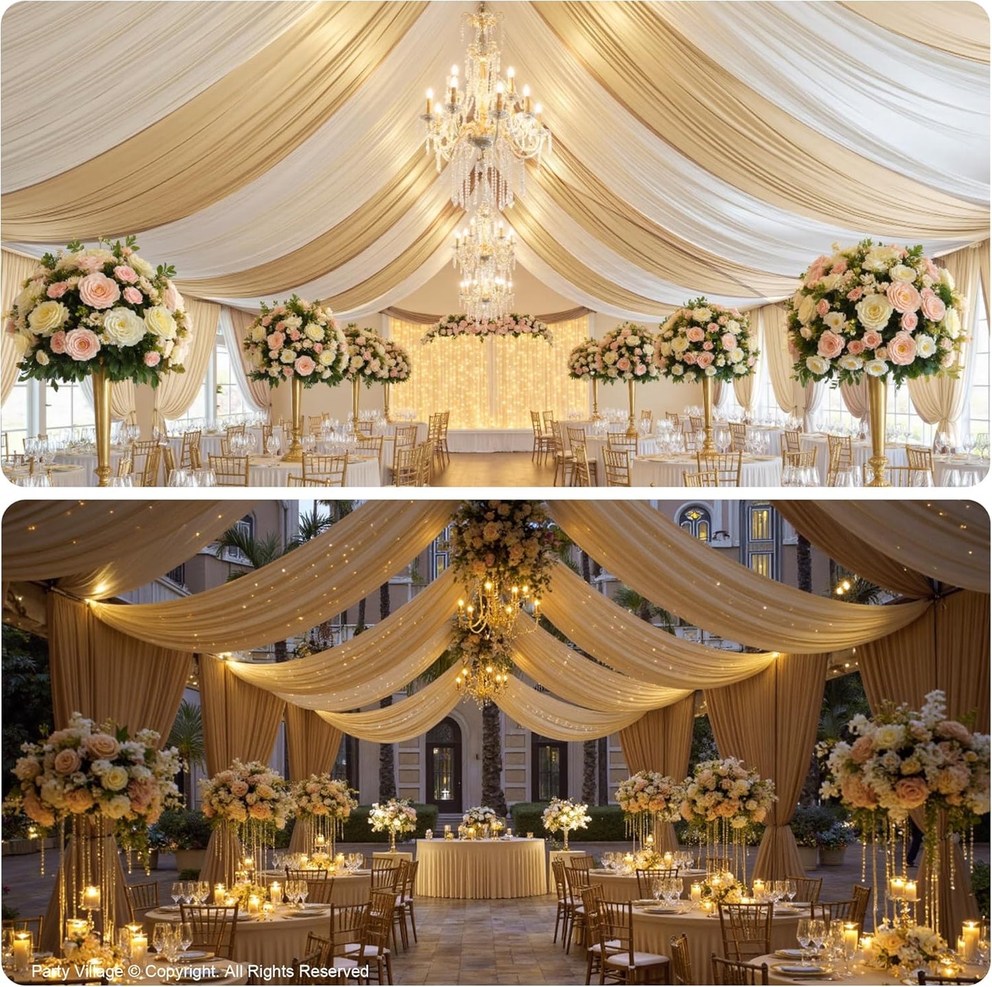 PartyVillage 20ftx40ft Beige Ceiling Curtain for Wedding Parties – 4 Panels Wrinkle-Free 40 FT Long Tent Draping Curtains for Wedding, Birthday & Theme Parties, 40ft Height with Rod Pocket