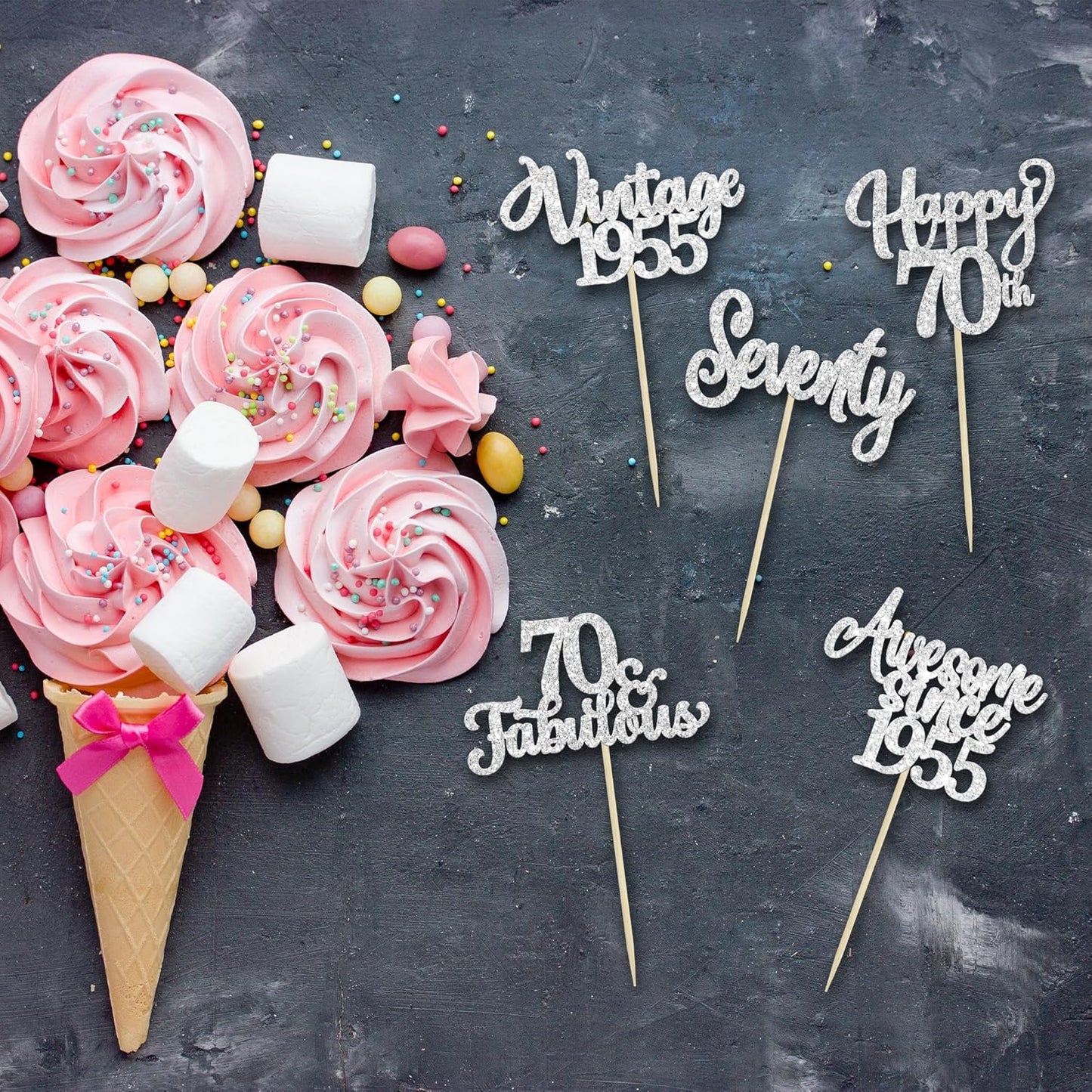 30Pcs Happy 70th Birthday Cupcake Toppers Glitter Seventy Vintage 1955 Cupcake Picks Cheers to 70 Fabulous Cake Decorations for 70th Birthday Wedding Anniversary Party Supplies Silver