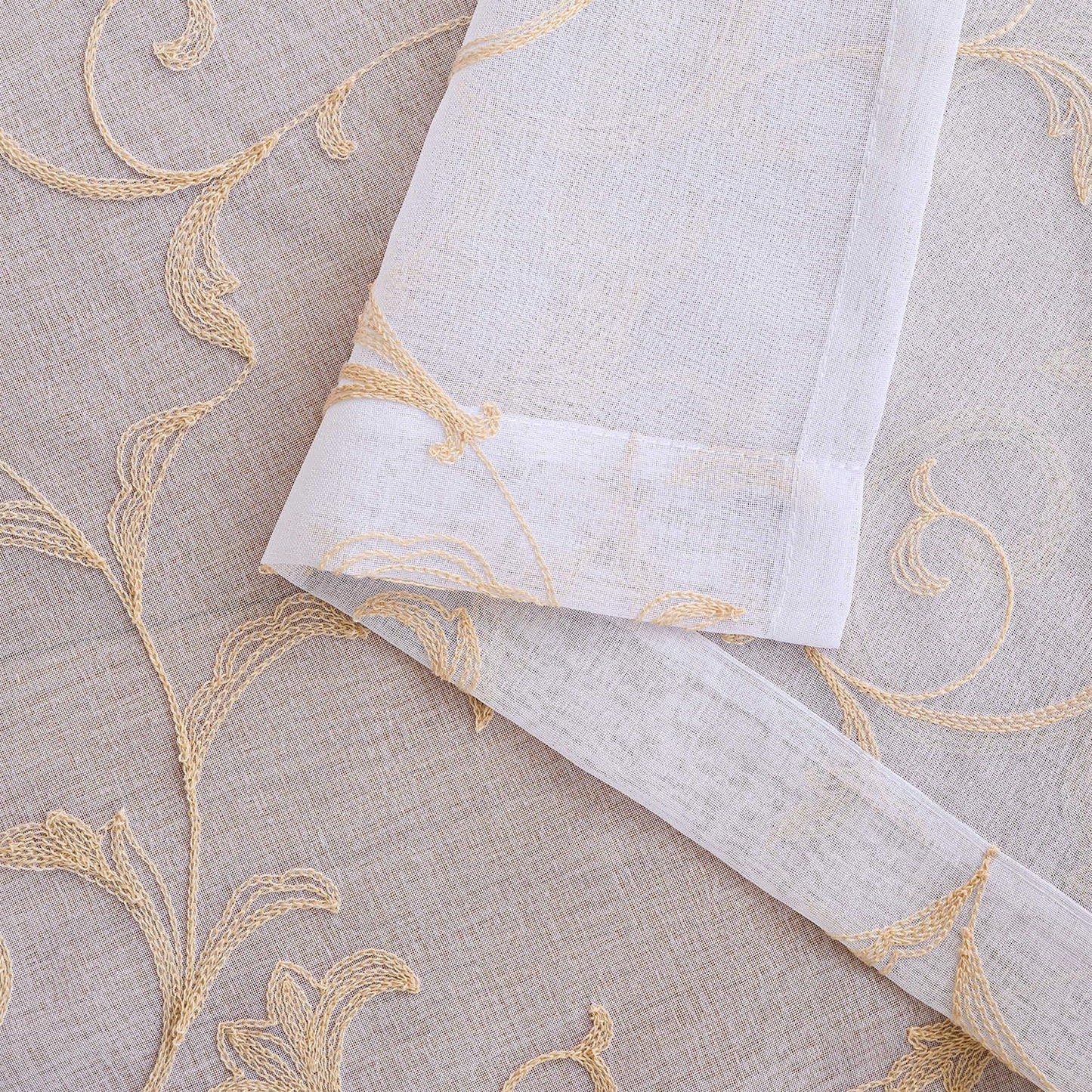 Sheer Curtains White-Beige 45 Inch Length Floral Embroidery Vintage Rod Pocket Voile Drapes for Living room, Bedroom, Window Treatments Semi Crinkle Curtain Panels for Farmhouse Set of 2, 52"x 45".