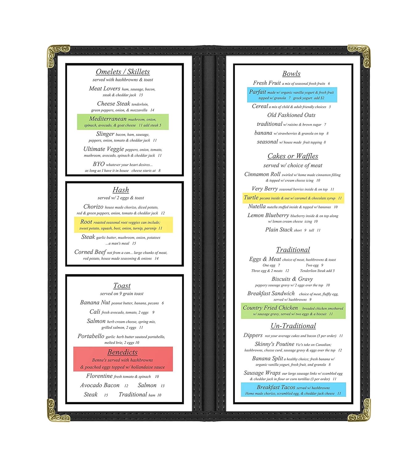 Goodsmart Restaurant Menu Covers - 25 Pack Black 2-Page/4-View 4.25" x 11", Top-Loading Vinyl Menu Holders with Clear Sleeves, Double-Stitched Edge, Leather-Style Café Covers with Gold Corners