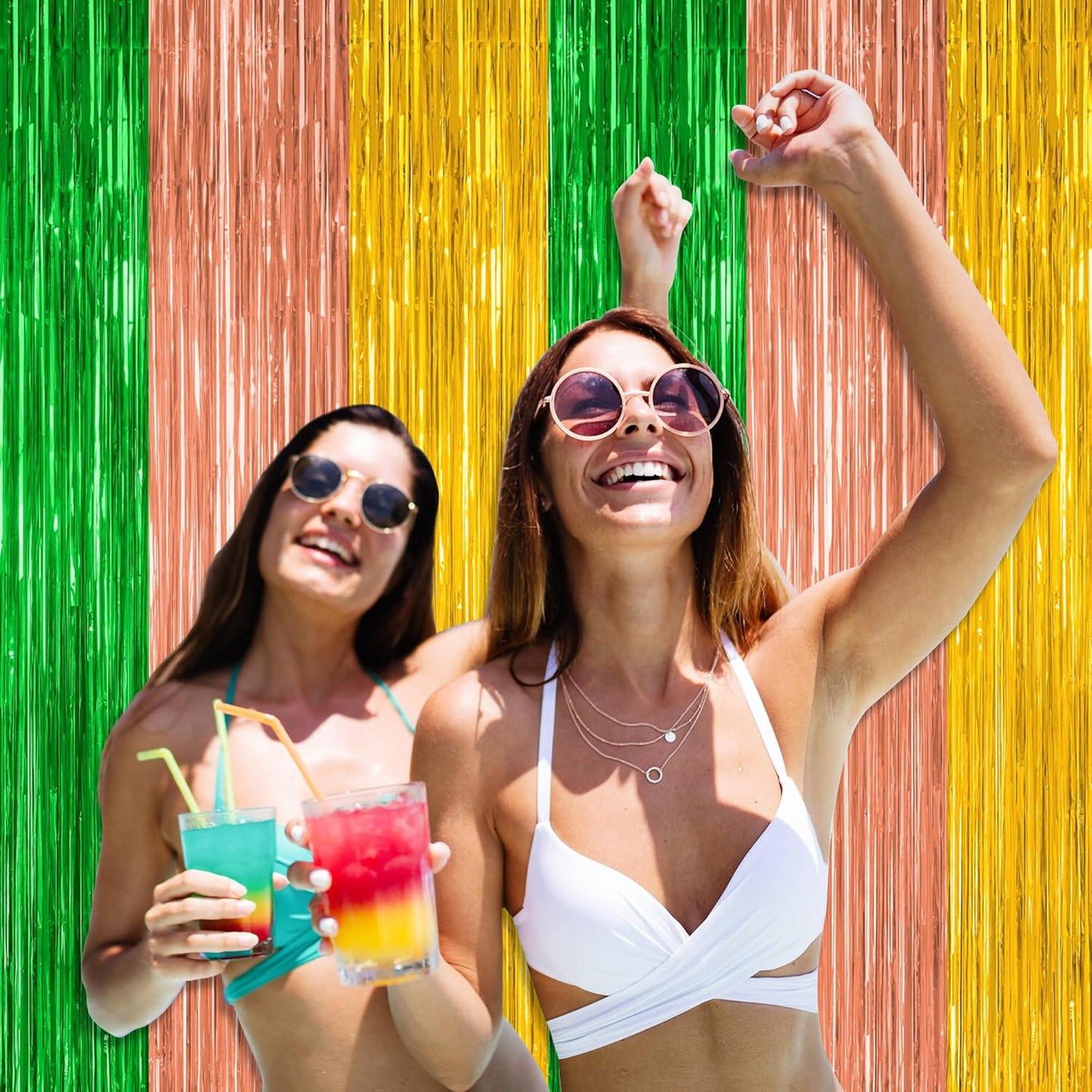 12 Pack Hawaiian Party Decorations, 3.28 FT x 7.05 FT Luau Party Decorations, Green Brown Yellow Backdrop Fringe Curtains Foil Streamer, Metallic Summer Decor Photo Booth Props