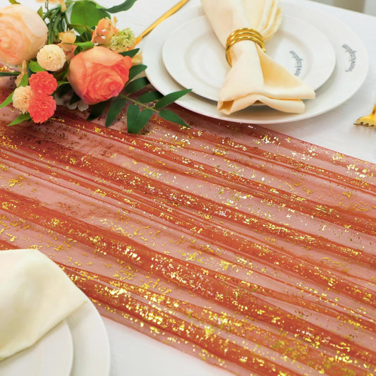 Snowkingdom 10 FT Fall Thanksgiving Table Runner Terracotta Gold Table Runner Burnt Orange Rust Sheer Chiffon Gauze Cheesecloth Golden Sequin Metallic Boho Table Decorations for Wedding Birthday