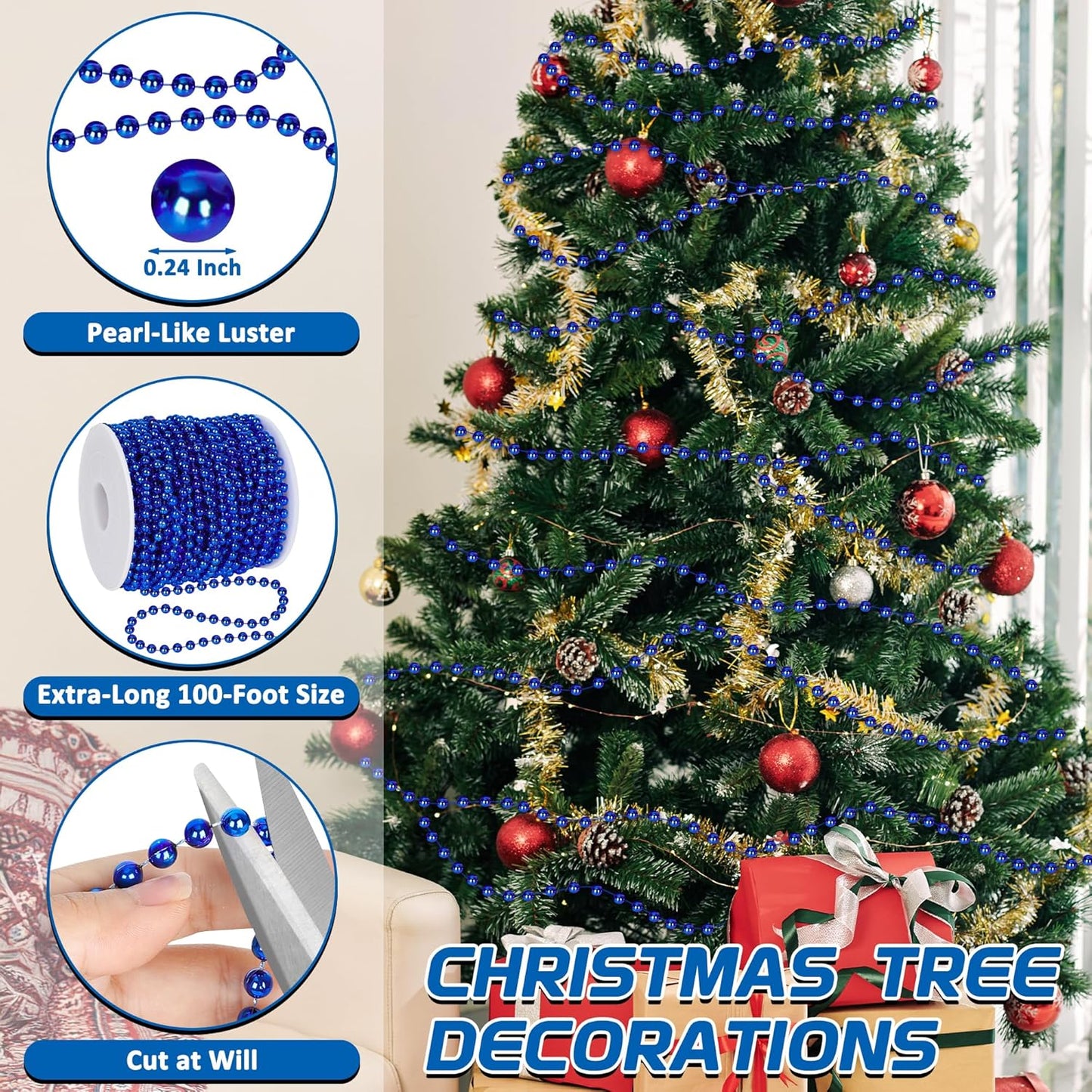 100 FT Christmas Tree Beads, Christmas Tree Garland Decoration, Plastic Hanging Beads Garland Chain Roll for Home Mantle Fireplace Wreath Decor Indoor Outdoor Xmas Tree DIY Supplies