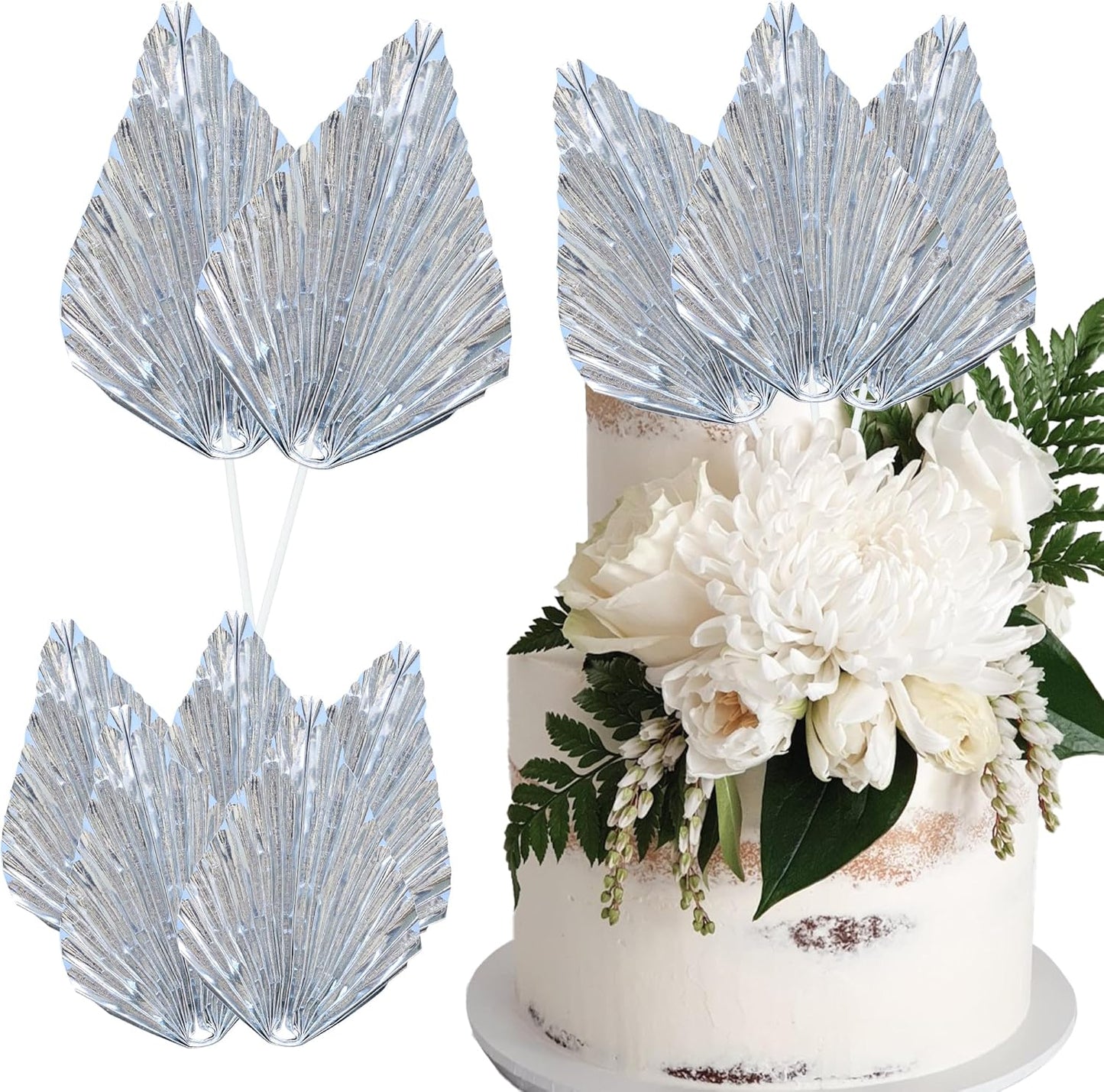 Ephlyn 6Pcs Paper Palm Leaves Fan Cake Toppers Palm Leaf Fan Cake Picks Craft DIY Fan Cupcake Toppers Palm Spear Leaves Cake Decorations for Baby Shower Wedding Birthday Party Supplies Bright Silver
