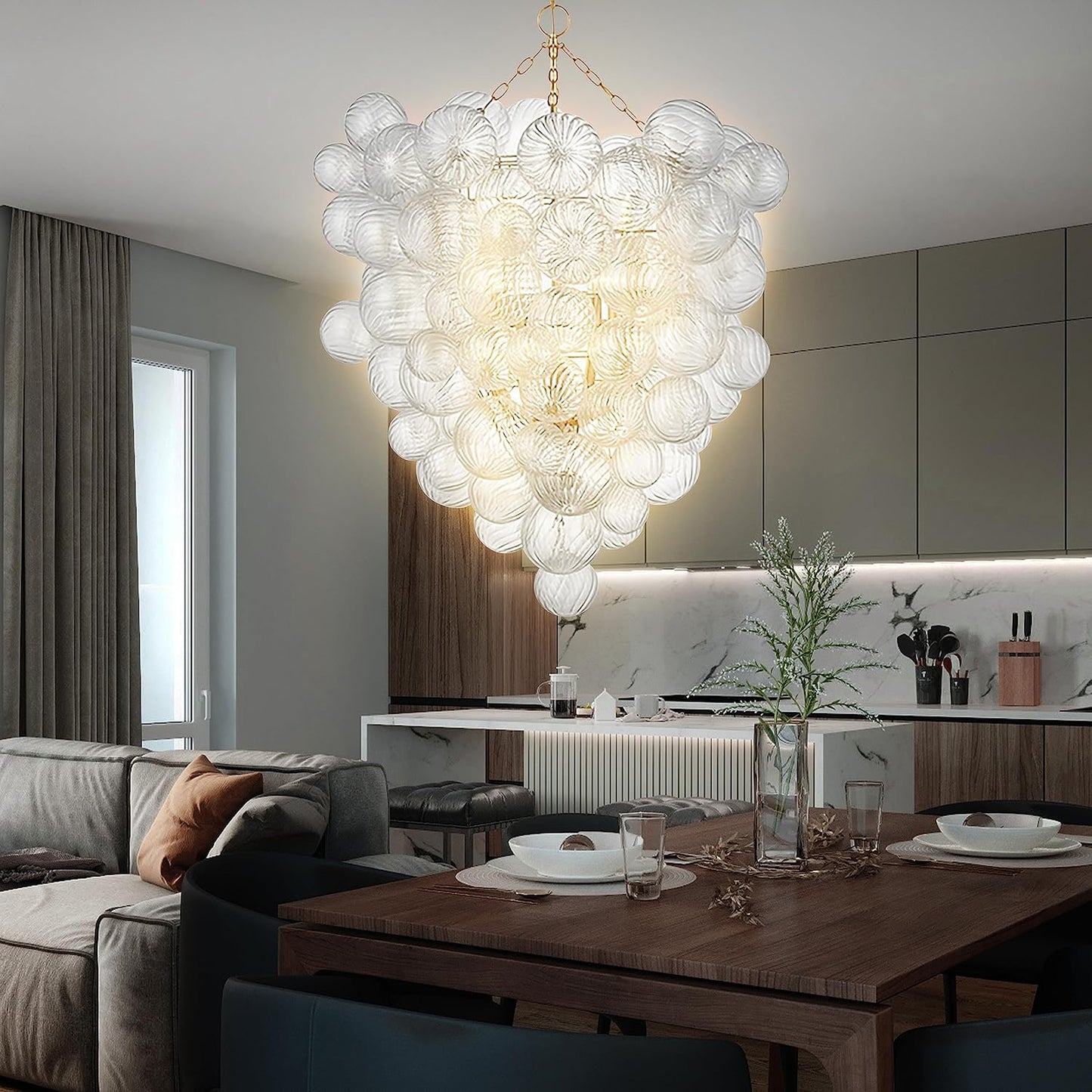 Mid Century Bubble Ball Swirled Glass Chandelier, 36 in. 2-Layer Cages Gild Gold and Clear Blown Glass Large Cluster Bbble Pendant Light Fixture for Bedroom Restaurant Dining Room