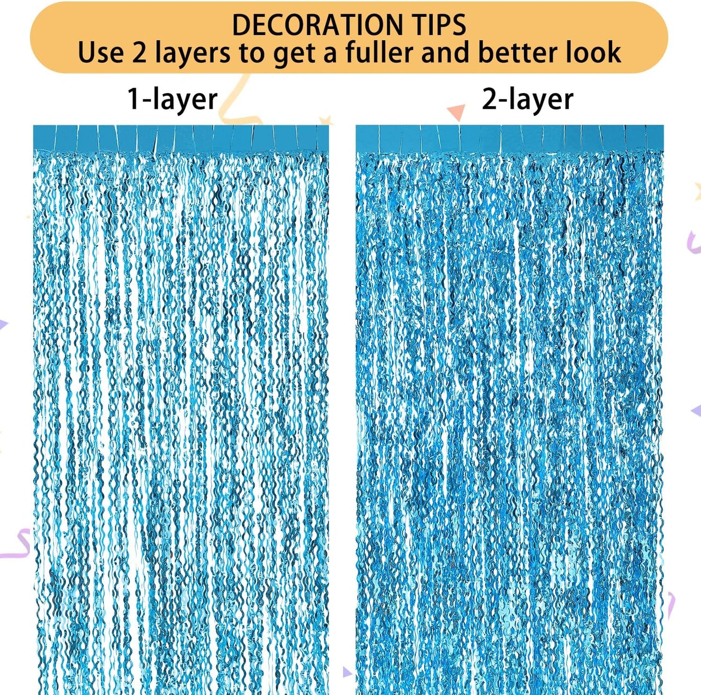 3 Pack Blue Wavy Tinsel Foil Fringe Curtain - 6.6 ft x 3.3 ft Foil Backdrop Photo Booth Props for Mermaid Birthday Under The Sea Party,Baby Shark Birthday Decorations