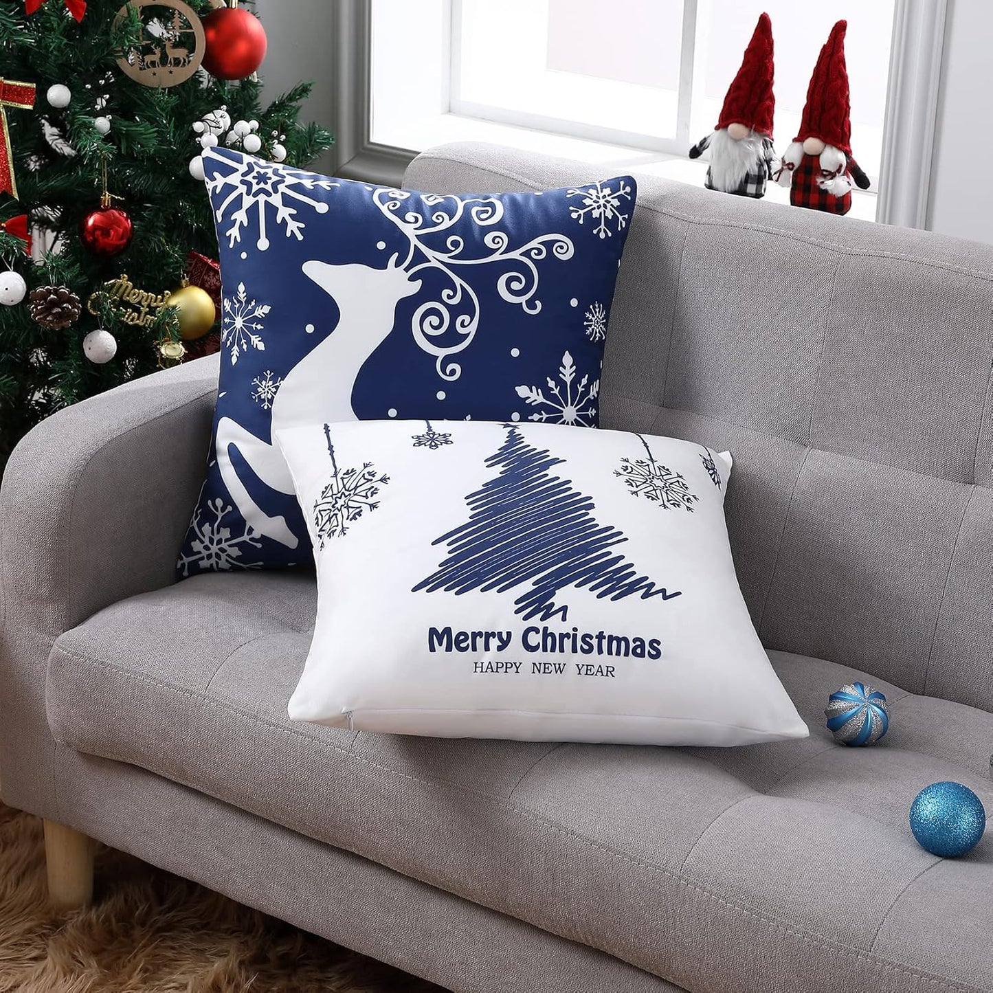 Christmas Pillow Covers 20X20 Set of 4 Navy Blue white Christmas Decorations Merry Christmas Snowflake Throw Pillow Covers Deer Xmas Tree Decor