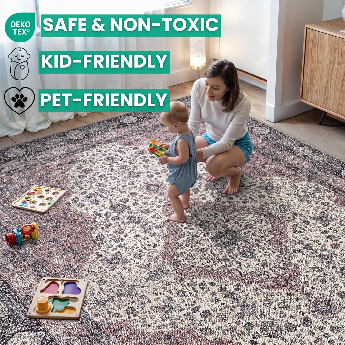 Bloom Rugs Washable Non-Slip 7 ft Runner - Cream/Green Traditional Medallion Runner for Entryway, Hallway, Bathroom, and Kitchen - Exact Size: 2.5' x 7'