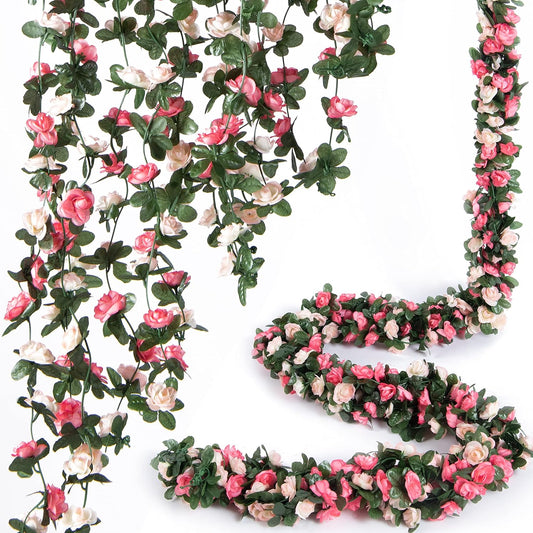 8 Pcs x 8.2 ft Flower Garland Artificial Rose Vine Flowers with Green Leaves Hanging Fake Roses Vine for Room Party Home Wedding Birthday Christmas Wall Arch Decor, Spring Pink Flower