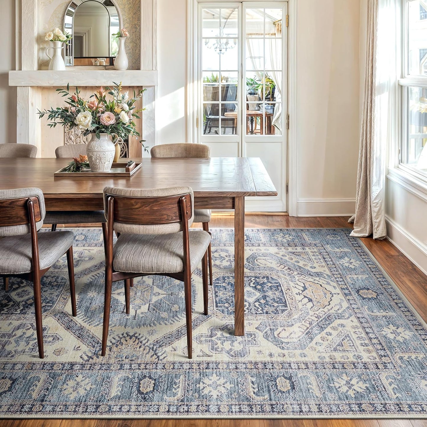 Bloom Rugs Washable Non-Slip 9' x 12' Rug - Blue/Beige Traditional Oriental Area Rug for Living Room, Bedroom, Dining Room, and Kitchen - Exact Size: 9' x 12'