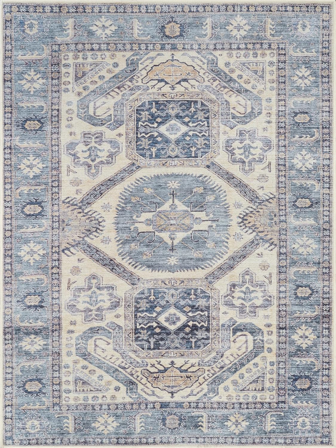 Bloom Rugs Washable Non-Slip 9' x 12' Rug - Blue/Beige Traditional Oriental Area Rug for Living Room, Bedroom, Dining Room, and Kitchen - Exact Size: 9' x 12'