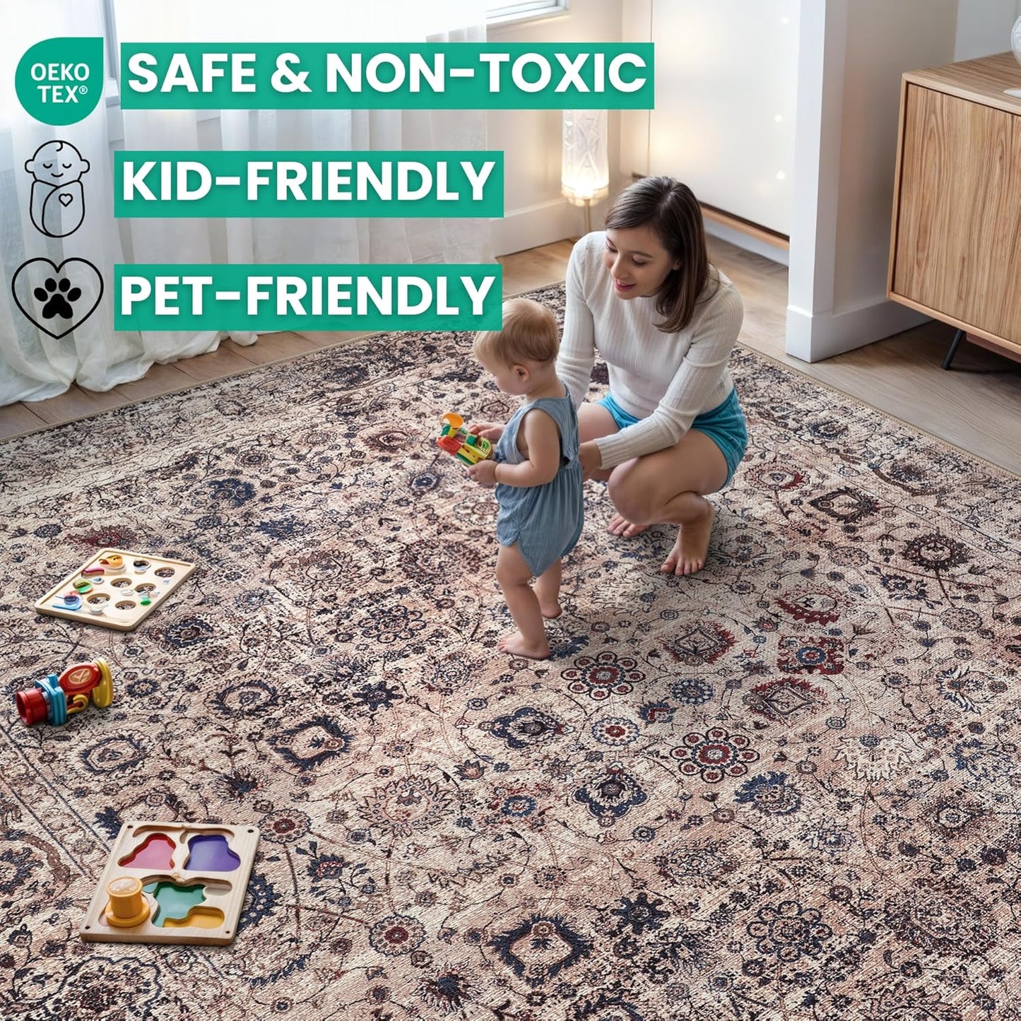 Bloom Rugs Washable Non-Slip 5' x 7' Rug - Light Tan/Blue Traditional Oriental Area Rug for Living Room, Bedroom, Dining Room, and Kitchen - Exact Size: 5' x 7'