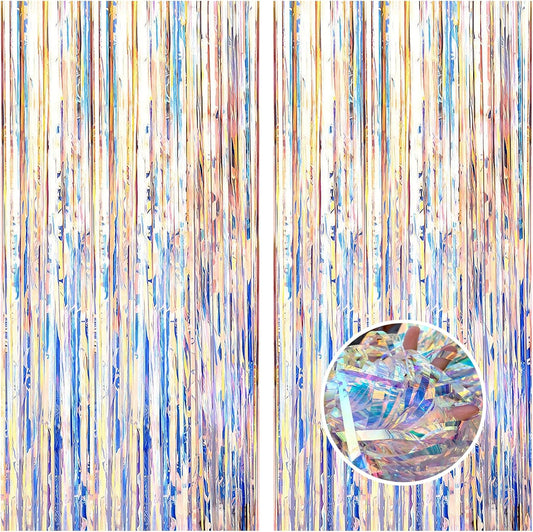 CANREVEL 2 Pack 3.2x6.5 Feet Iridescent Foil Fringe Backdrop Curtains, Neon Transparent Holographic Tinsel Streamers Party Decorations for Mermaid/Frozen/Sea/Euphoria/ERAS Party