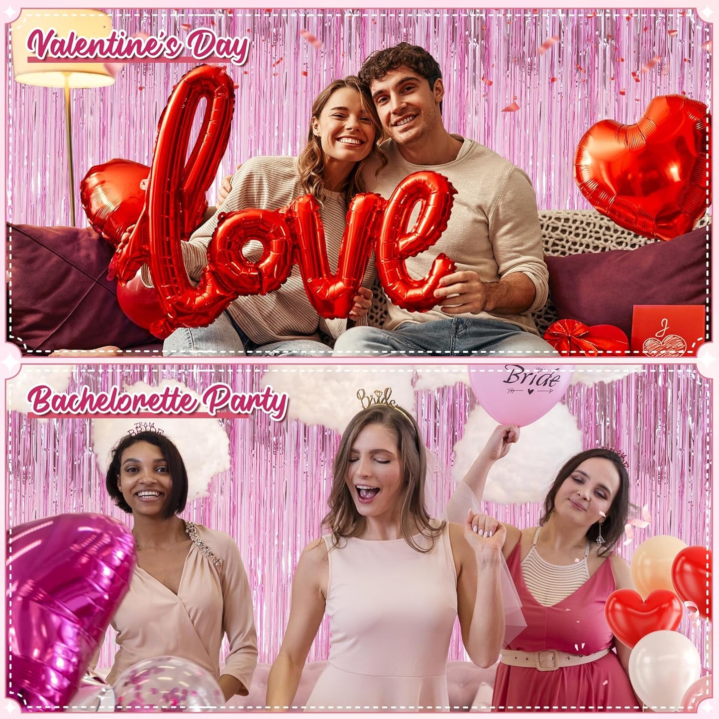 Crosize 2 Pack 3.3 x 9.9 ft Pink Foil Fringe Backdrop Curtain, Streamer Backdrop Curtains, Streamers Birthday Party Decorations, Tinsel Curtain for Parties, Galentines Decor, Preppy, Photo Booth