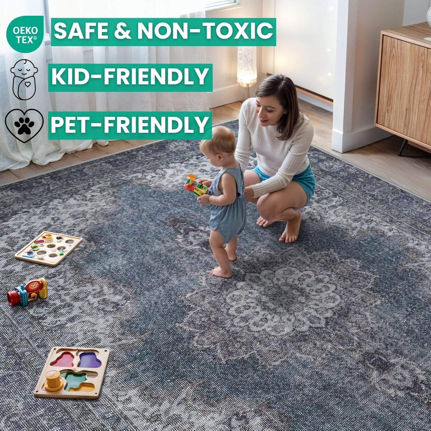 Bloom Rugs Washable Non-Slip 3' x 5' Rug - Dark Teal Traditional Medallion Area Rug for Living Room, Bedroom, Dining Room, and Kitchen - Exact Size: 3' x 5'