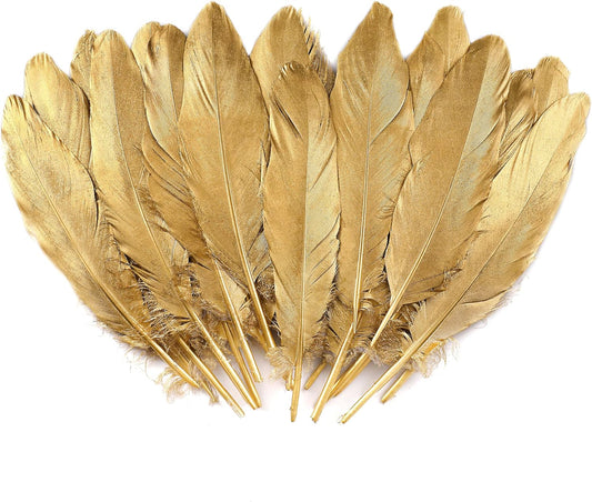 Larryhot Gold Goose Feathers for Crafts - 6-8 inch 60 pcs Natural Feathers for Wedding Party Decorations,DIY Crafts and Clothing Accessories (Gold)