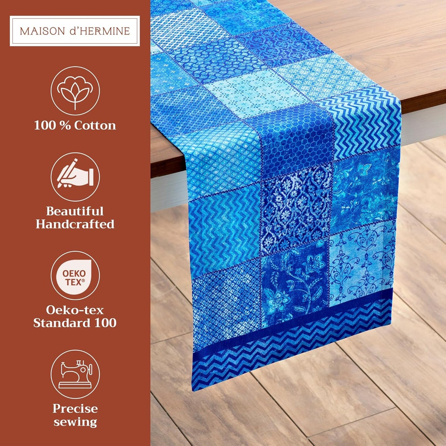 Maison d' Hermine Table Runner 100% Cotton Single Layer Table Runners 72 inches Long Decorative for Kitchen Dining Party Baby Shower Wedding Bridal Shower Spring Summer (Indigo Love, 14.50" x 72")