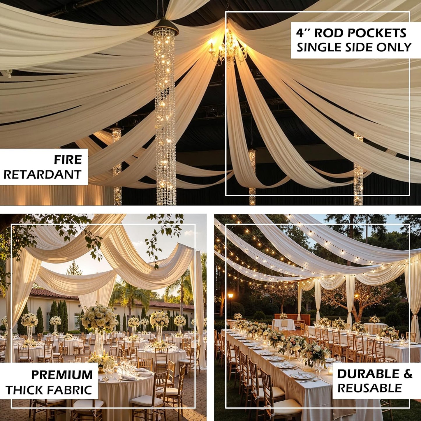 PartyVillage 4 Panels 5ftx30ft Ivory Ceiling Drapes for Wedding Parties – 30 FT Extra Long Thick Polyester Wrinkle-Free Drapery Tent Decor Decorations for Birthday Party Ceremony Stage Swag