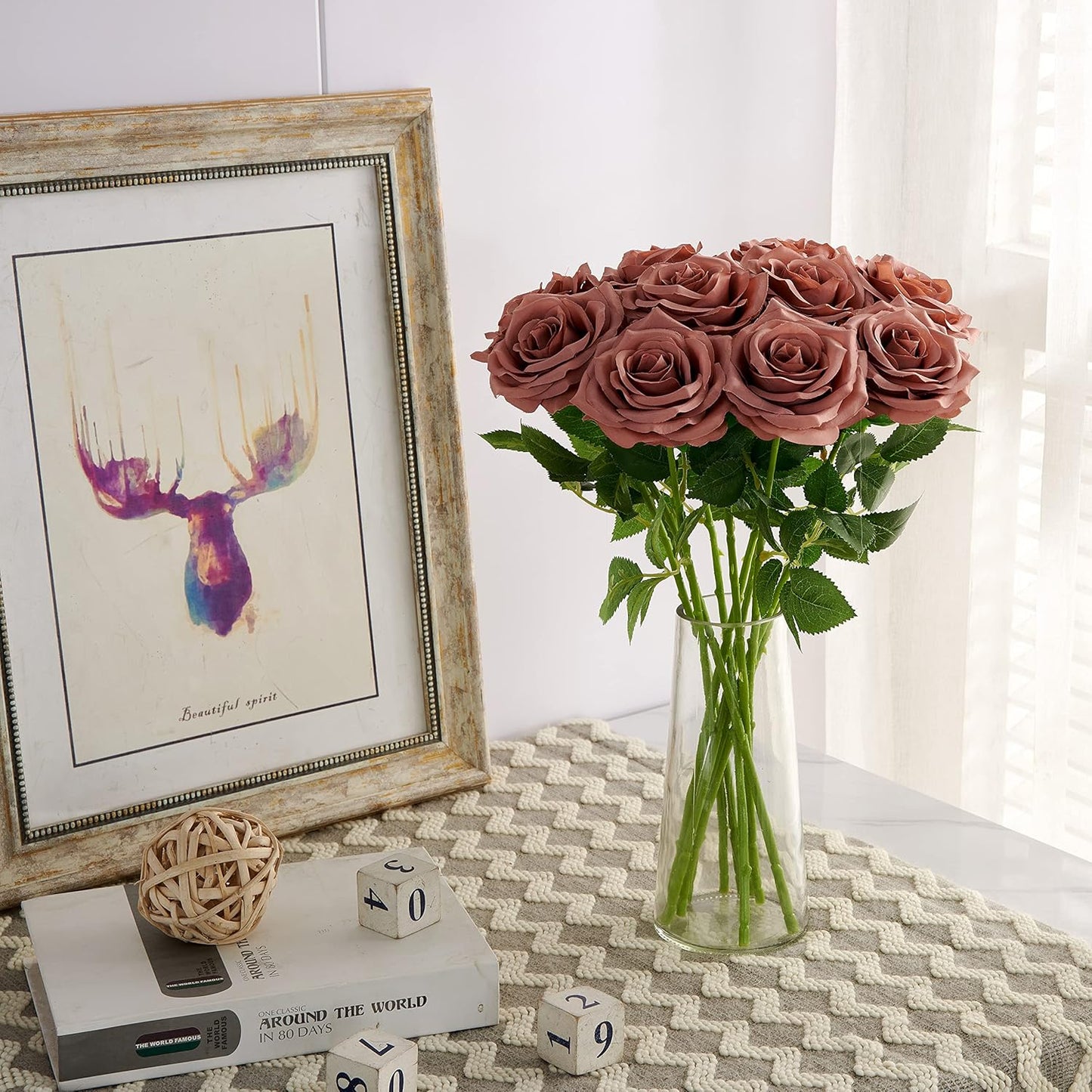 Artificial Rose 10pcs Open Flower Bouquet Faux Rose Stems for Wedding Arrangement, Bridal Bouquet, Centerpiece, Fake Faux Silk Flowers (Dusty Rose)