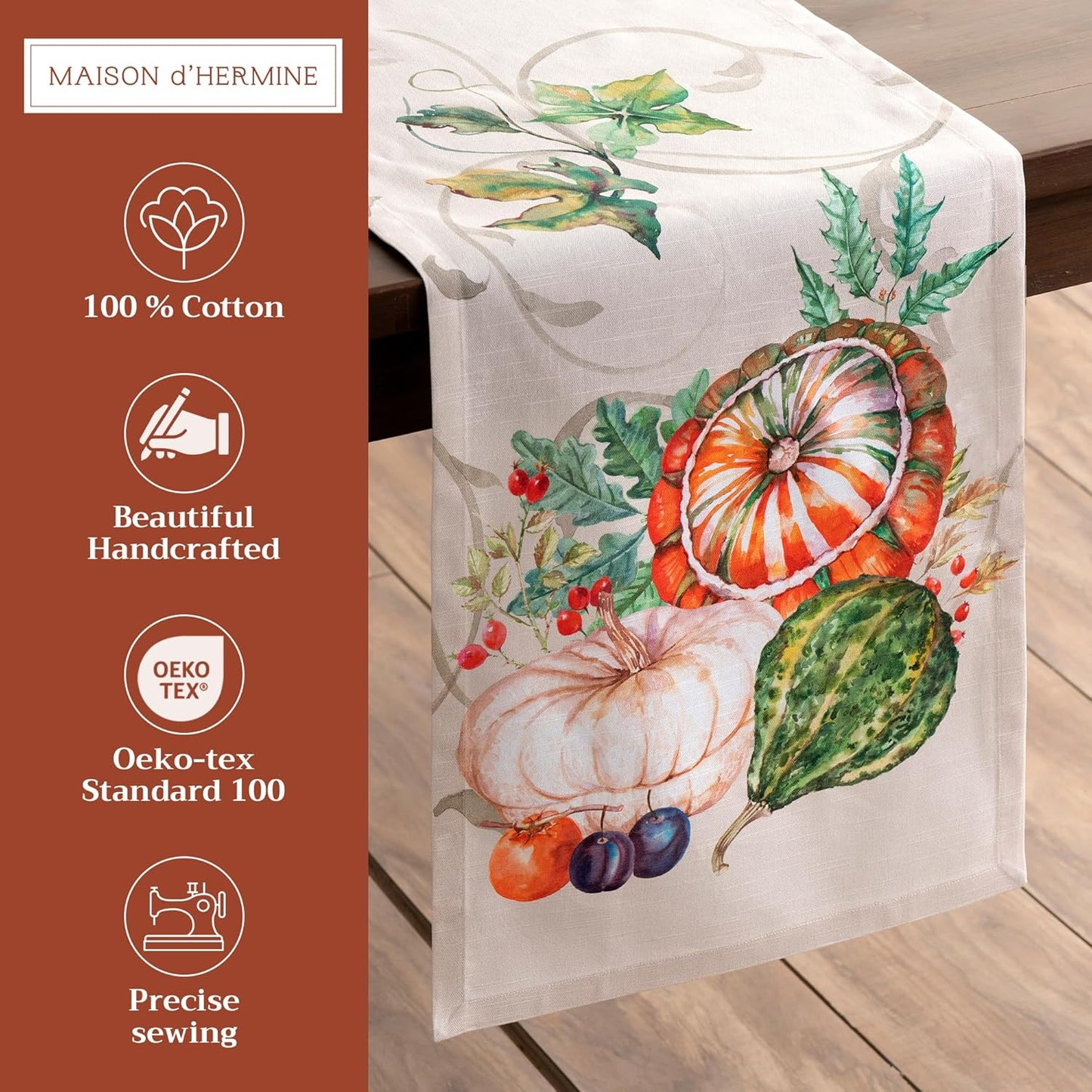 Maison d' Hermine Table Runner 100% Cotton Single Layer Table Runners 72 inches Long for Thanksgiving Christmas Decorations Home Kitchen Dining Party Wedding (Lumina, 14.5" x 72")