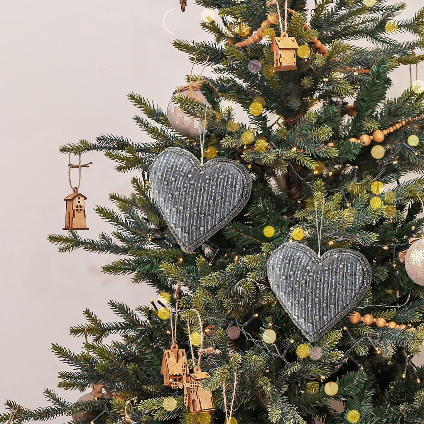 Set of 6 Beaded Heart Ornaments - Rustic Hanging Love Decorations, Farmhouse Wall Decor, Romantic Gifts for Her, Him, or Couples - Handmade Valentine’s Day & Mother’s Day Decor (Grey) - CLEENTABLE