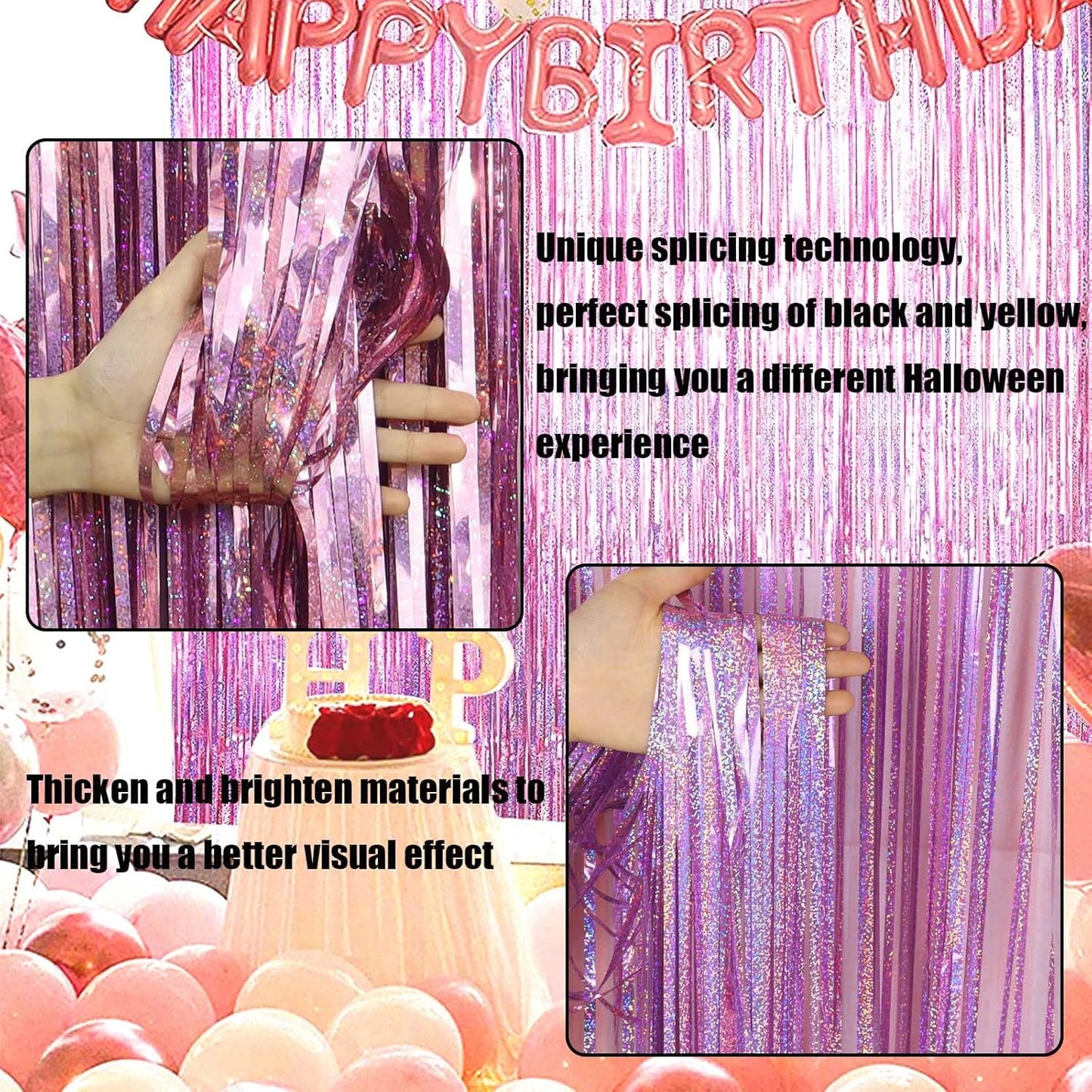 4 Pack Pink Tinsel Foil Fringe Curtain Backdrop, 3.28Ft x 8.2Ft Metallic Streamers for Photo Booth Props Wedding Bridal Shower Bachelorette Birthday Halloween Christmas Party Decoration