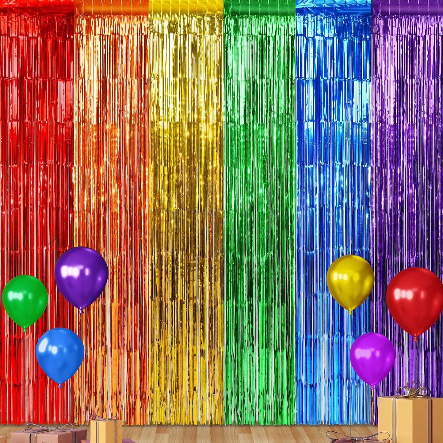 2Pack 3.3X6.6Ft Rainbow Foil Fringe Curtains Backdrop Decorations, Rainbow Metallic Tinsel Foil Streamers Curtain Photo Booth Background for Birthday Wedding Engagement Pride Party Decorations