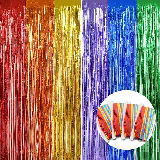 BEISHIDA 4 Pack Rainbow Streamers Fringe Foil Curtain Backdrop, Tinsel Curtain Wall Door Party Streamers for Birthday Party Decoration(3.28 ft x 6.56 ft)