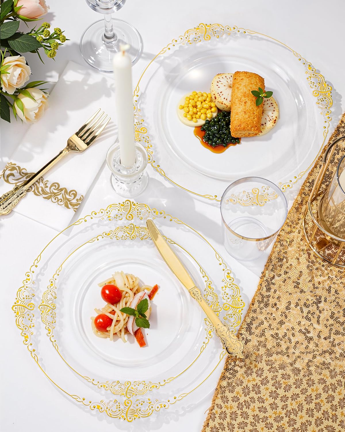 Nervure 350PCS Clear Gold Plastic Plates - Gold Plastic Dinnerware Sets for 50 Guests - 100 Disposable Plates, 150 Silverware, 50 Cups, 50 Napkins for Wedding & Party & Thanksgiving