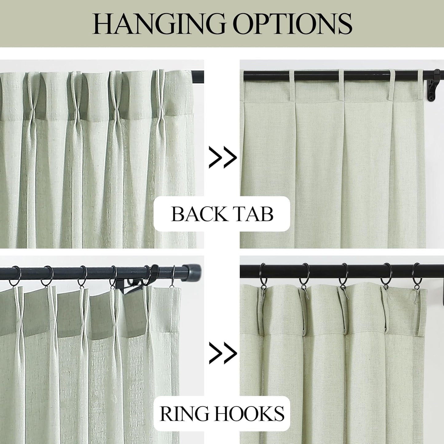 Vision Home Soft Green Pinch Pleated Semi Sheer Curtains Textured Linen Blended Light Filtering Window Curtains 120 inch for Living Room Bedroom Pinch Pleat Drapes with Hooks 10ft 2 Panels 40"Wx120"L